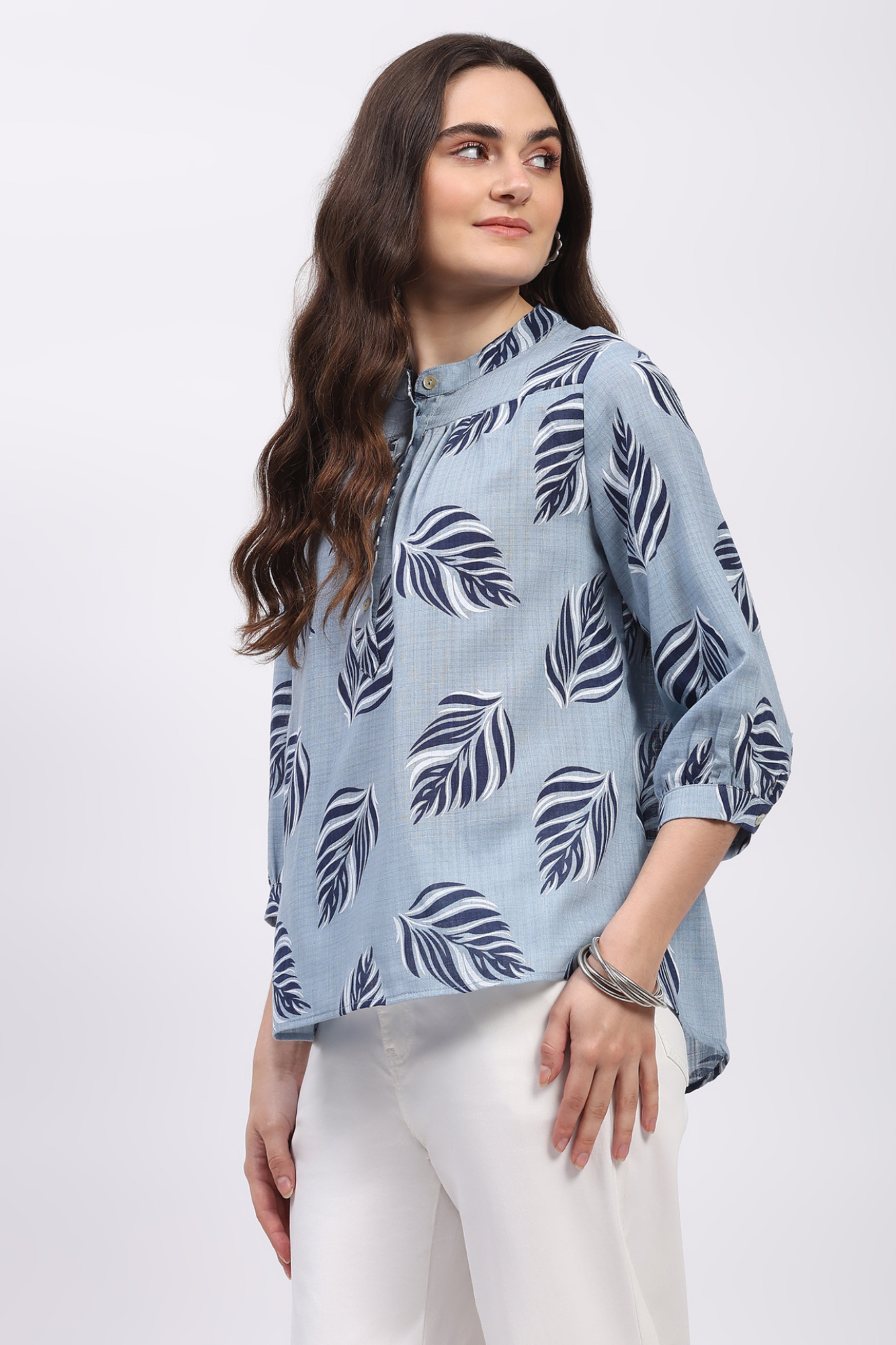 Sky Blue Leaf Print Cotton Top