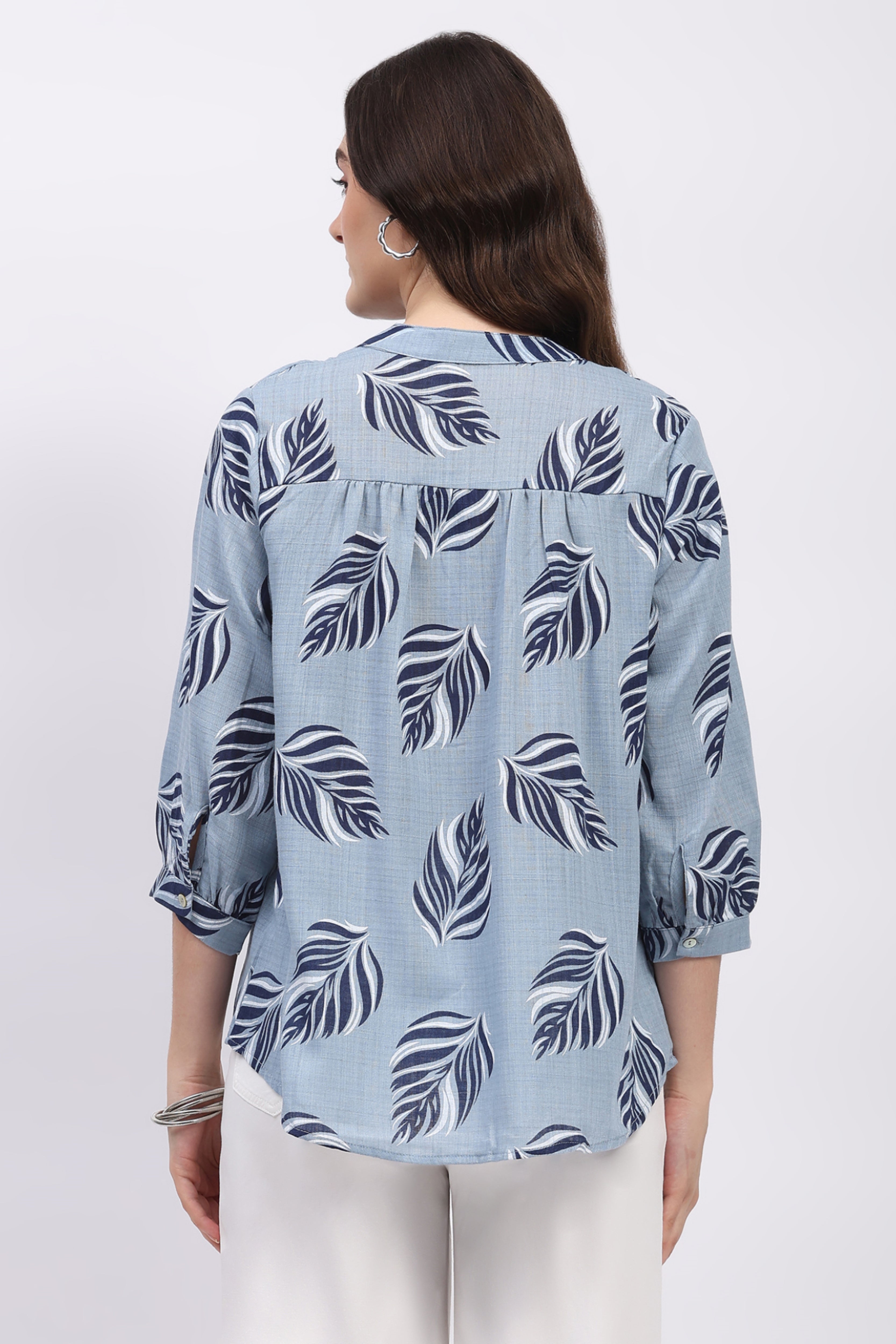 Sky Blue Leaf Print Cotton Top