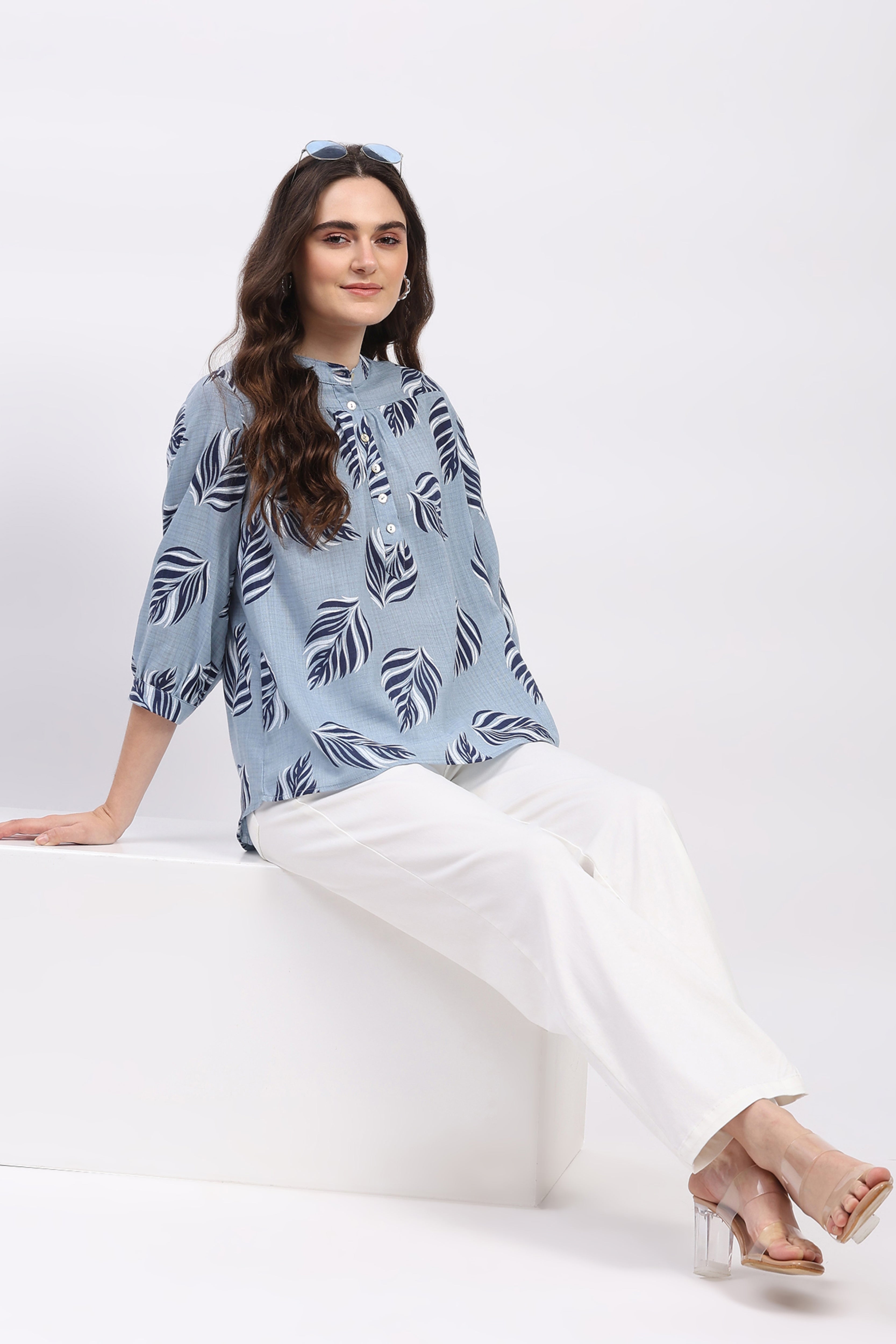 Sky Blue Leaf Print Cotton Top