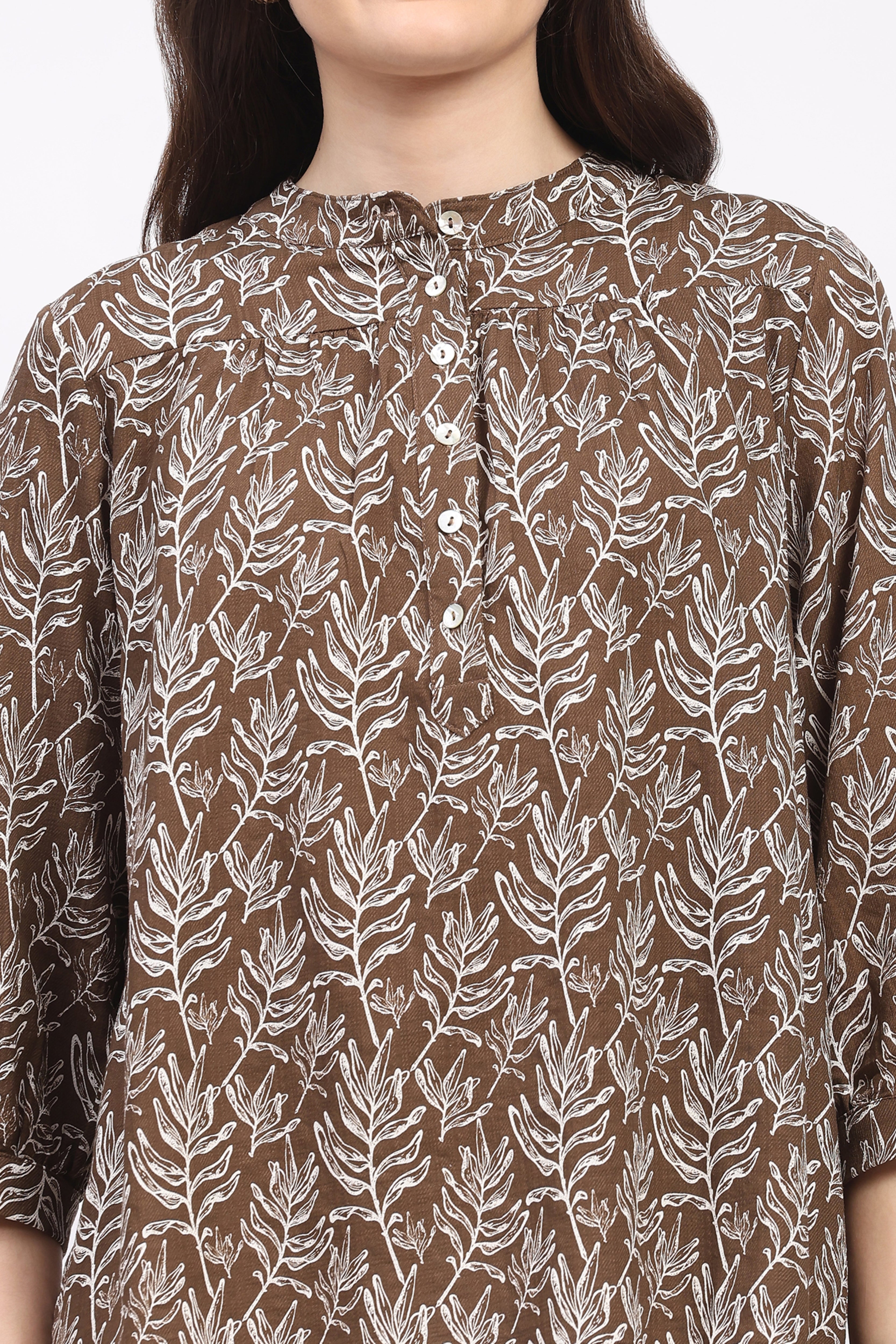 Coffee Brown Leaf Print Cotton Top