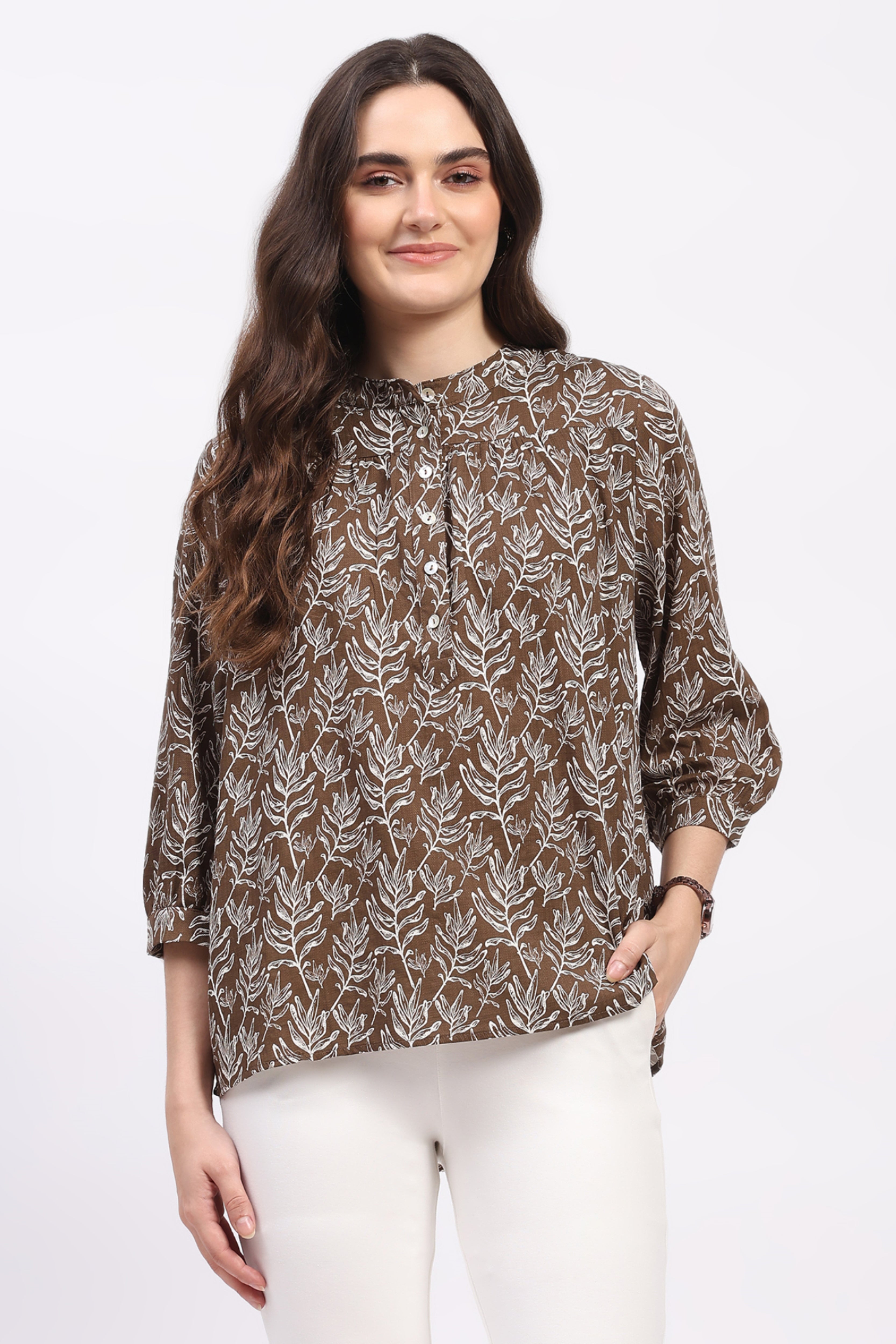 Coffee Brown Leaf Print Cotton Top