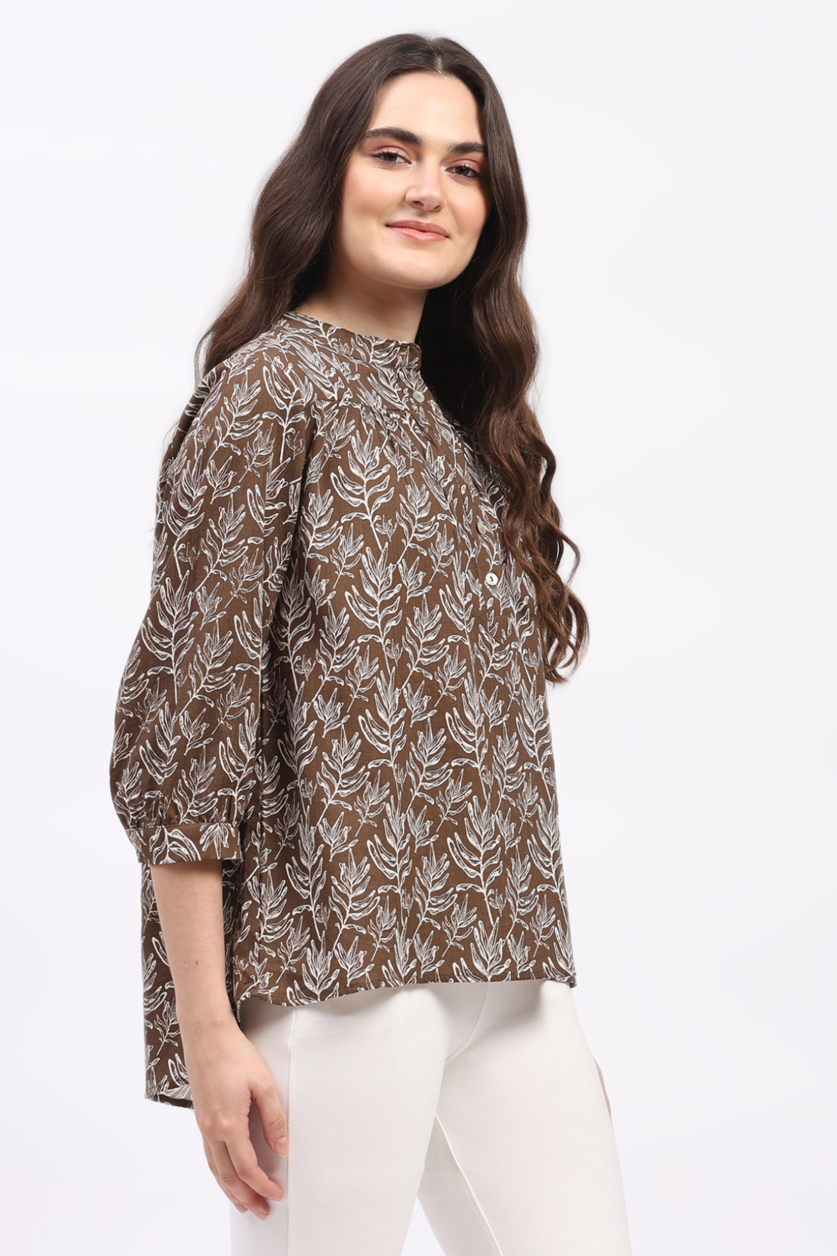 Coffee Brown Leaf Print Cotton Top