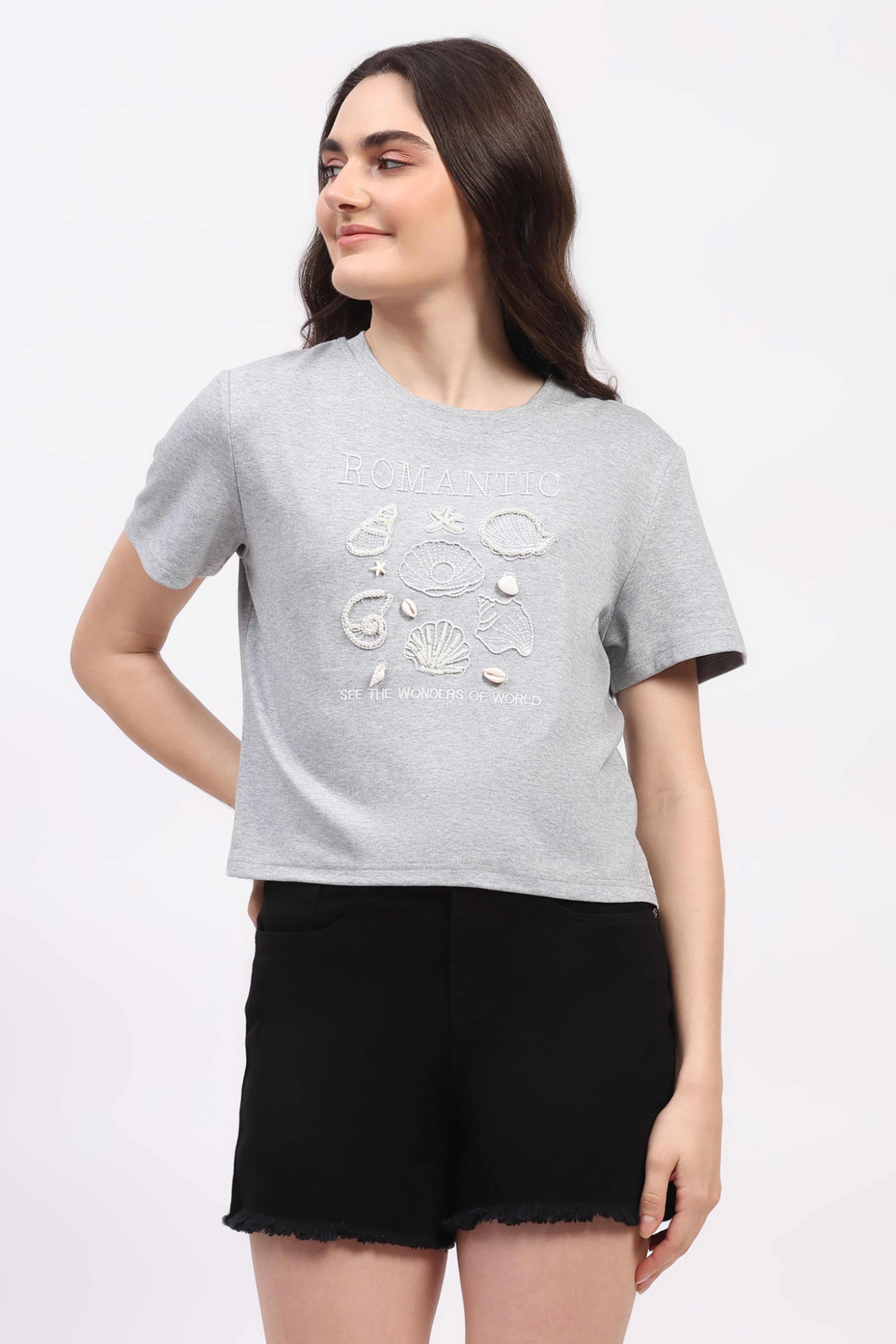 Grey Melange Embroidered Top