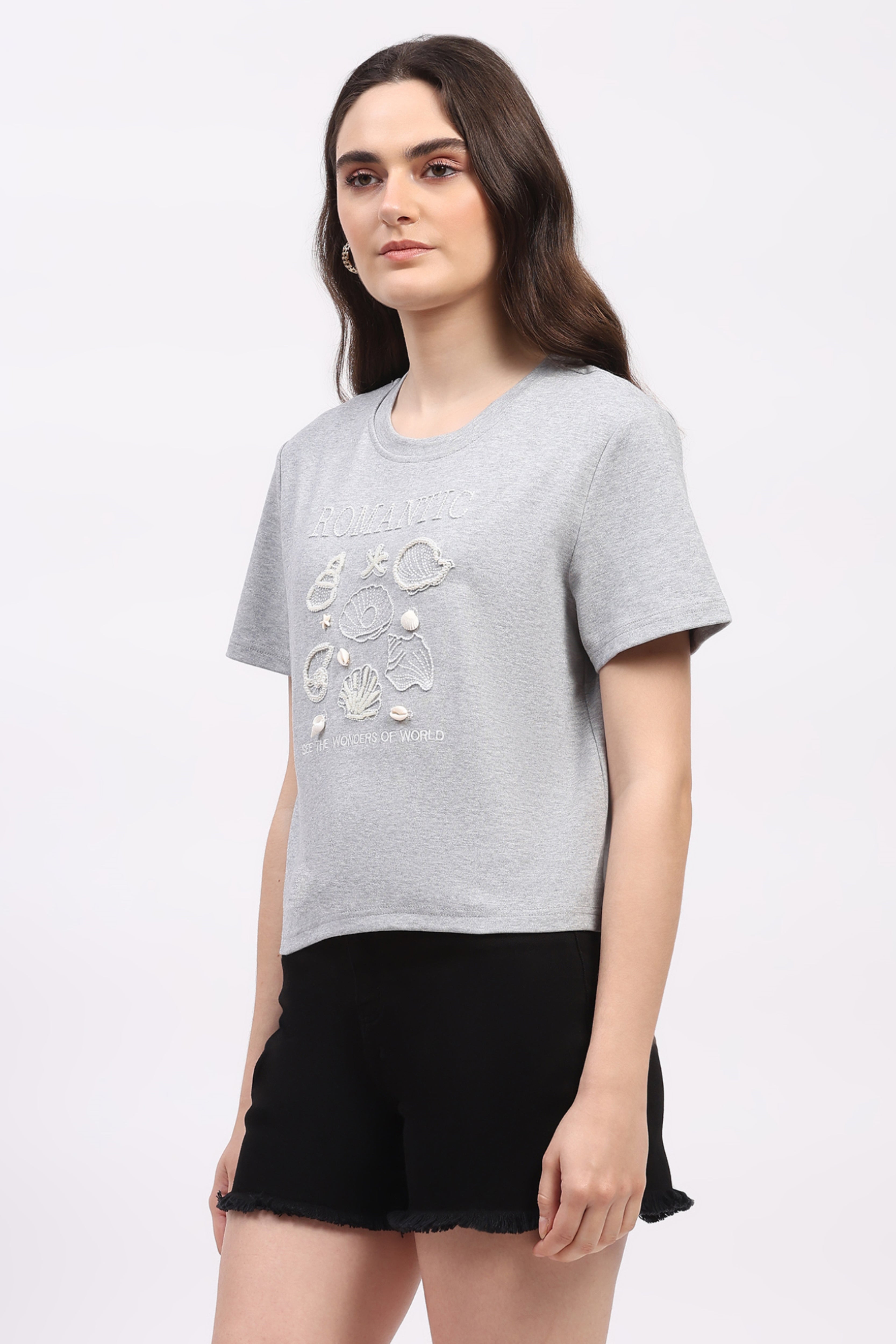 Grey Melange Embroidered Top
