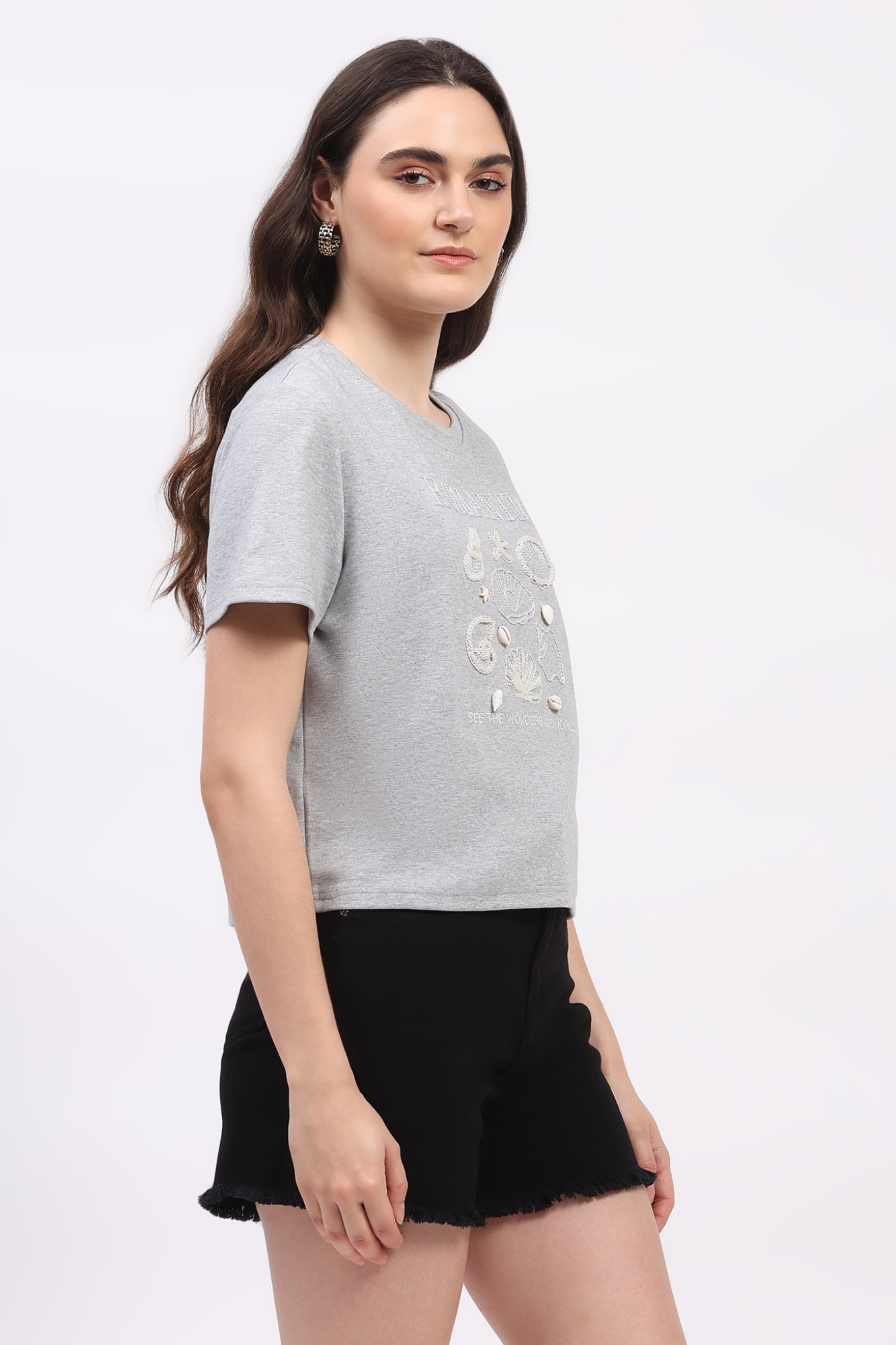 Grey Melange Embroidered Top