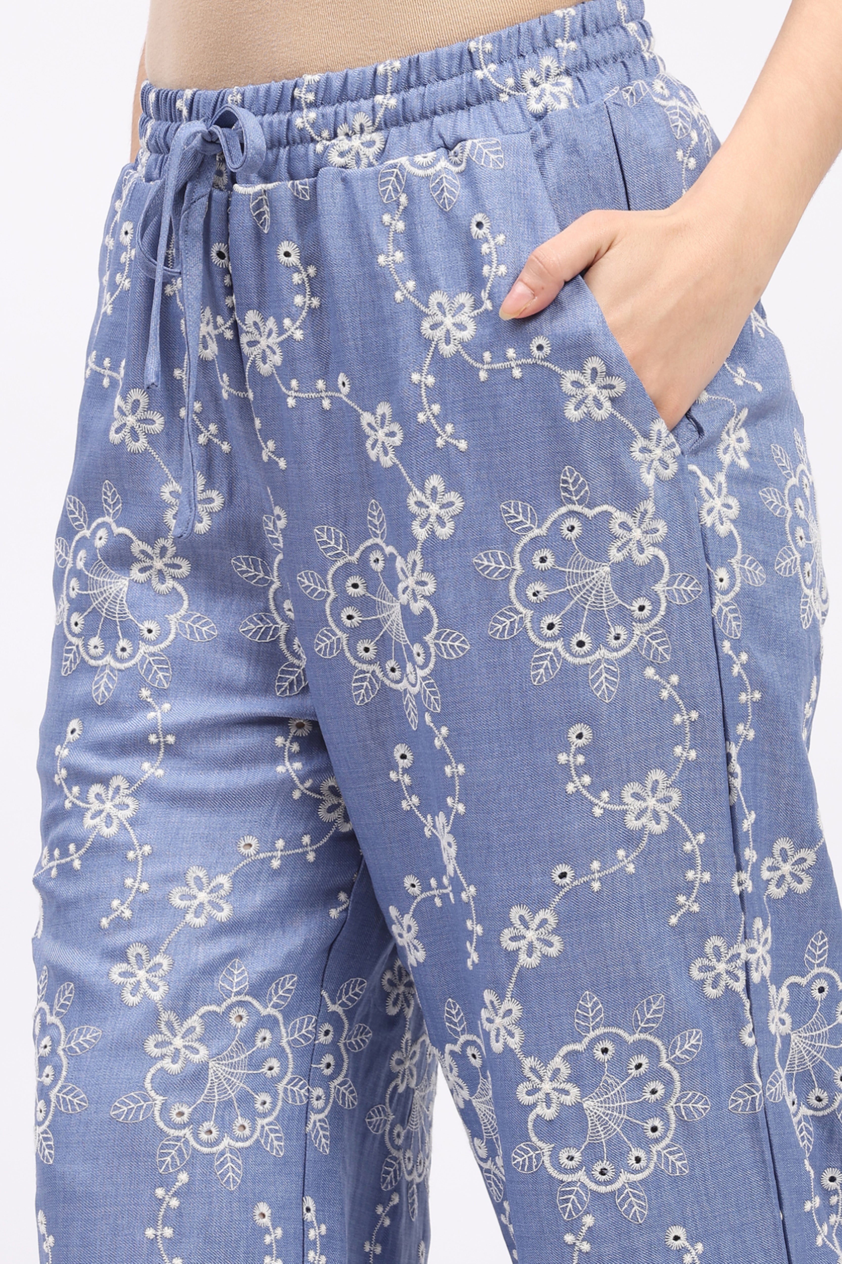 Blue Floral Embroidered Bishop-Sleeve Co-ord Set