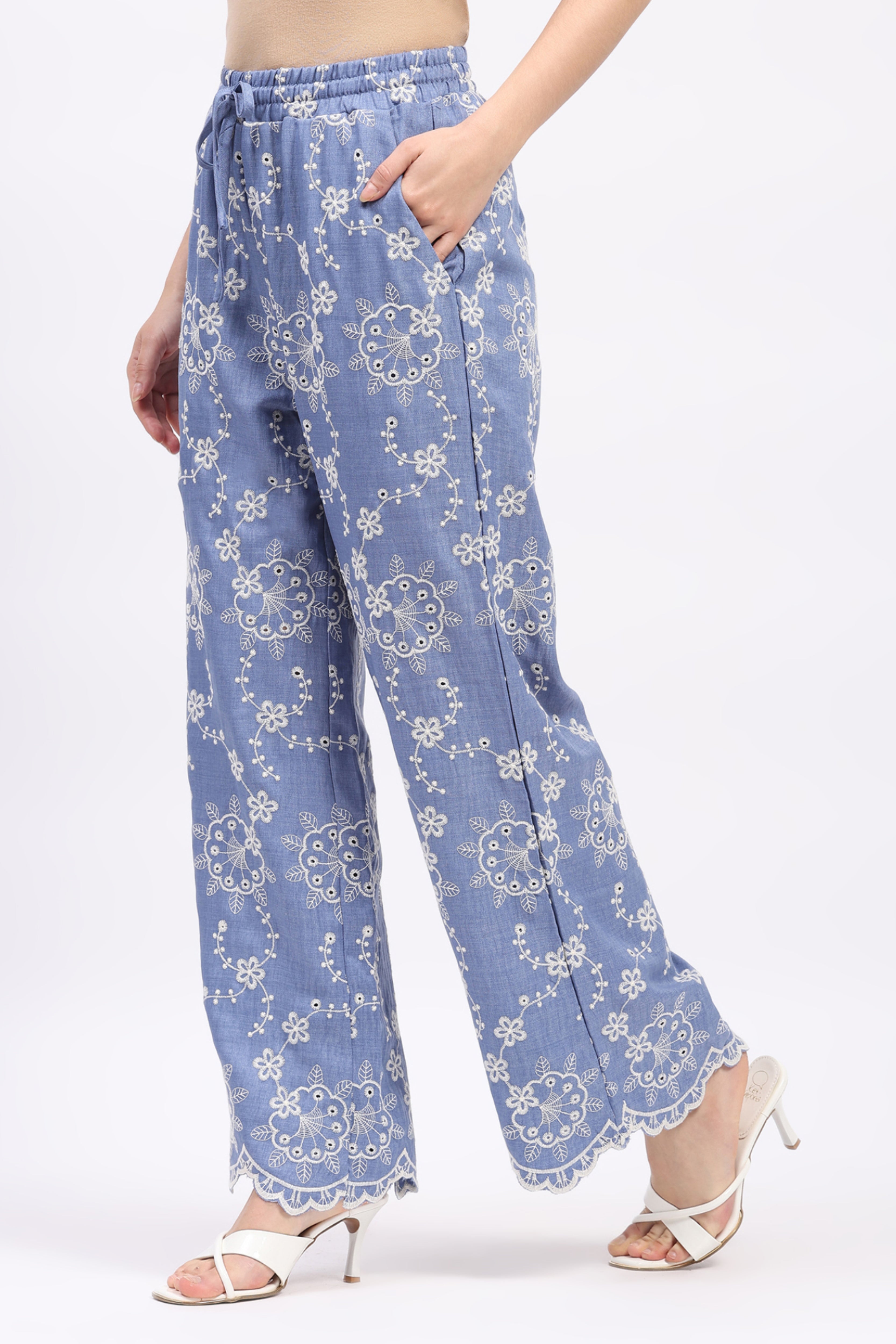 Blue Floral Embroidered Bishop-Sleeve Co-ord Set