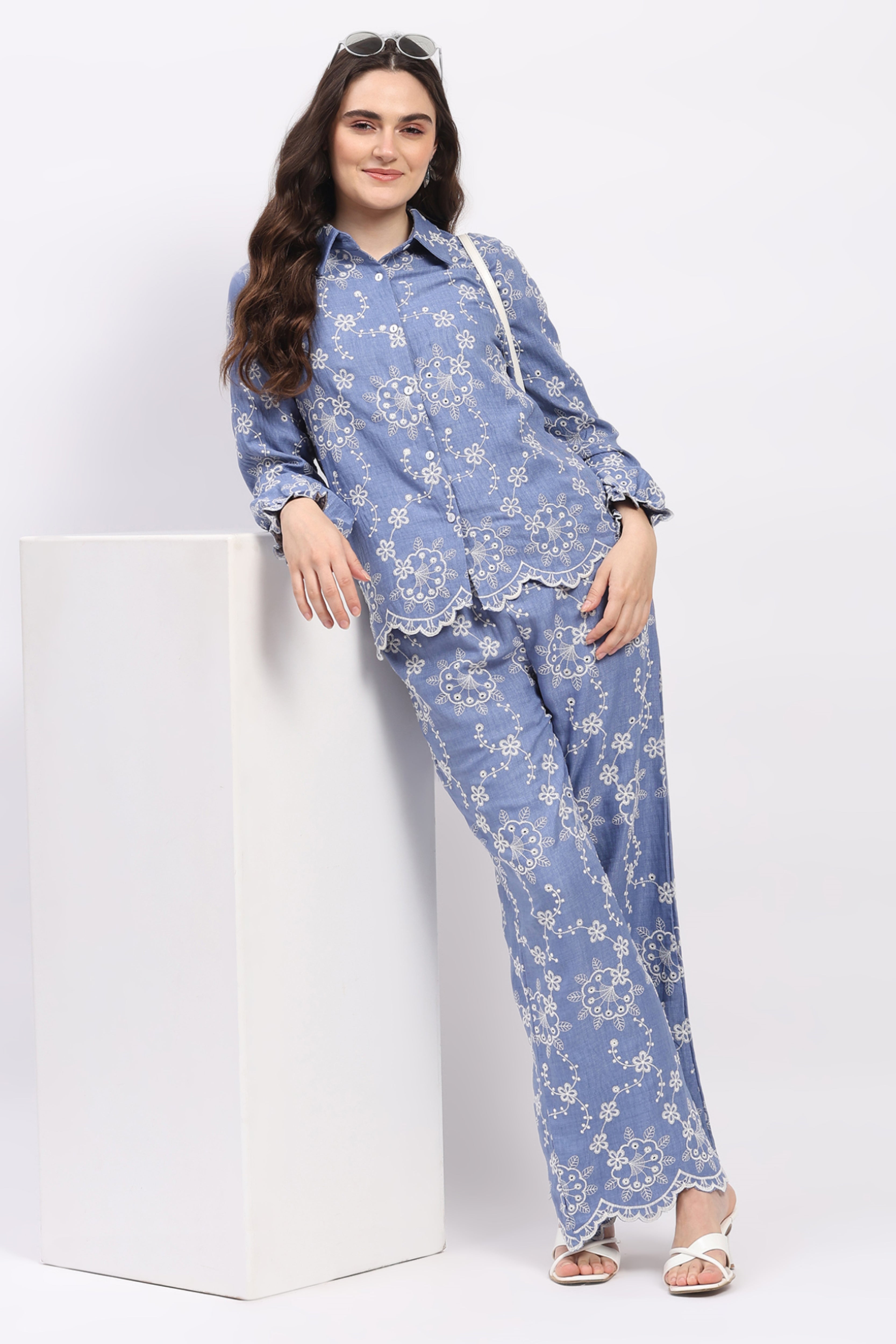 Blue Floral Embroidered Bishop-Sleeve Co-ord Set