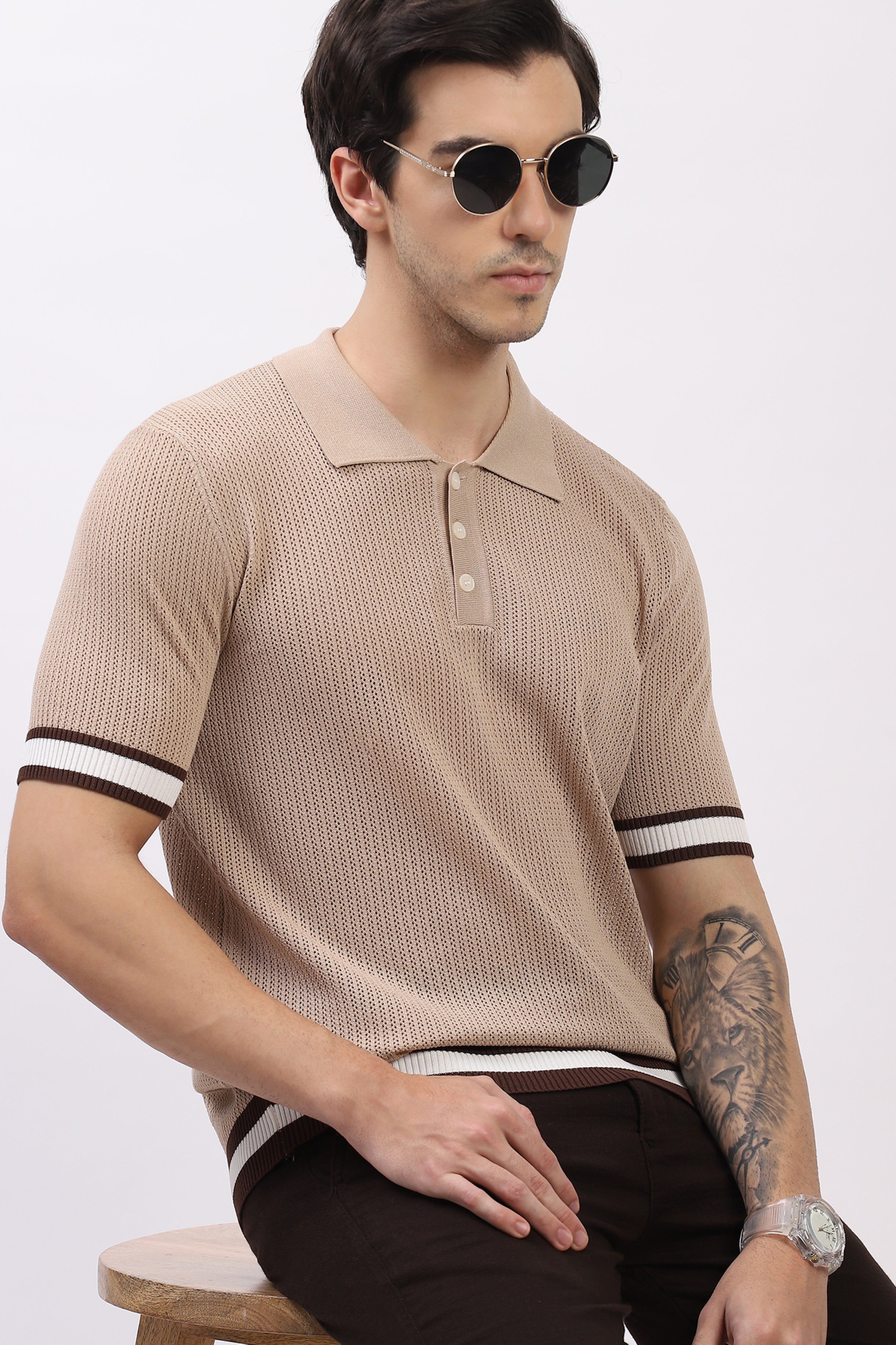 Beige Cotton Blend Polo T-Shirt