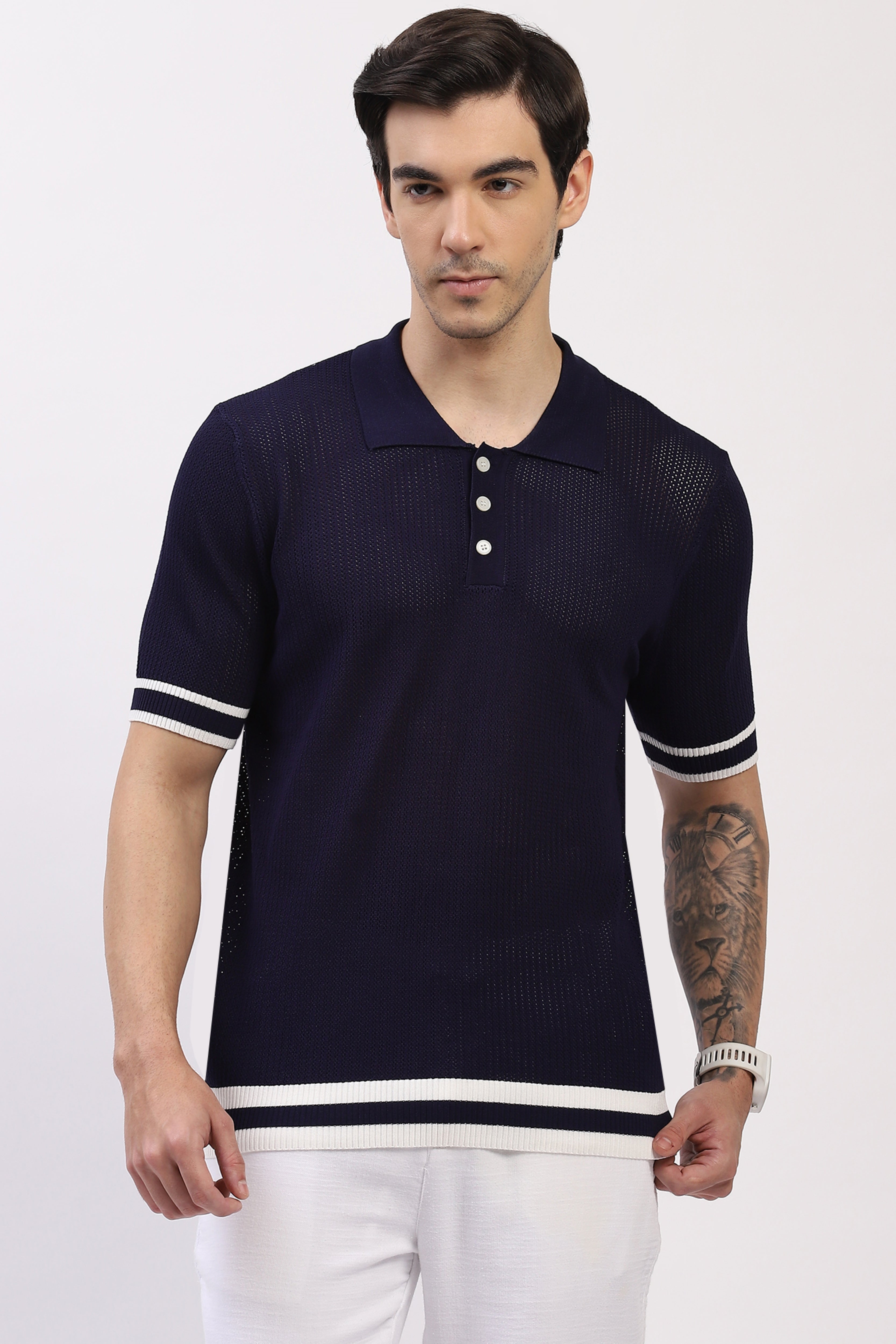 Navy Cotton Blend Polo T-Shirt