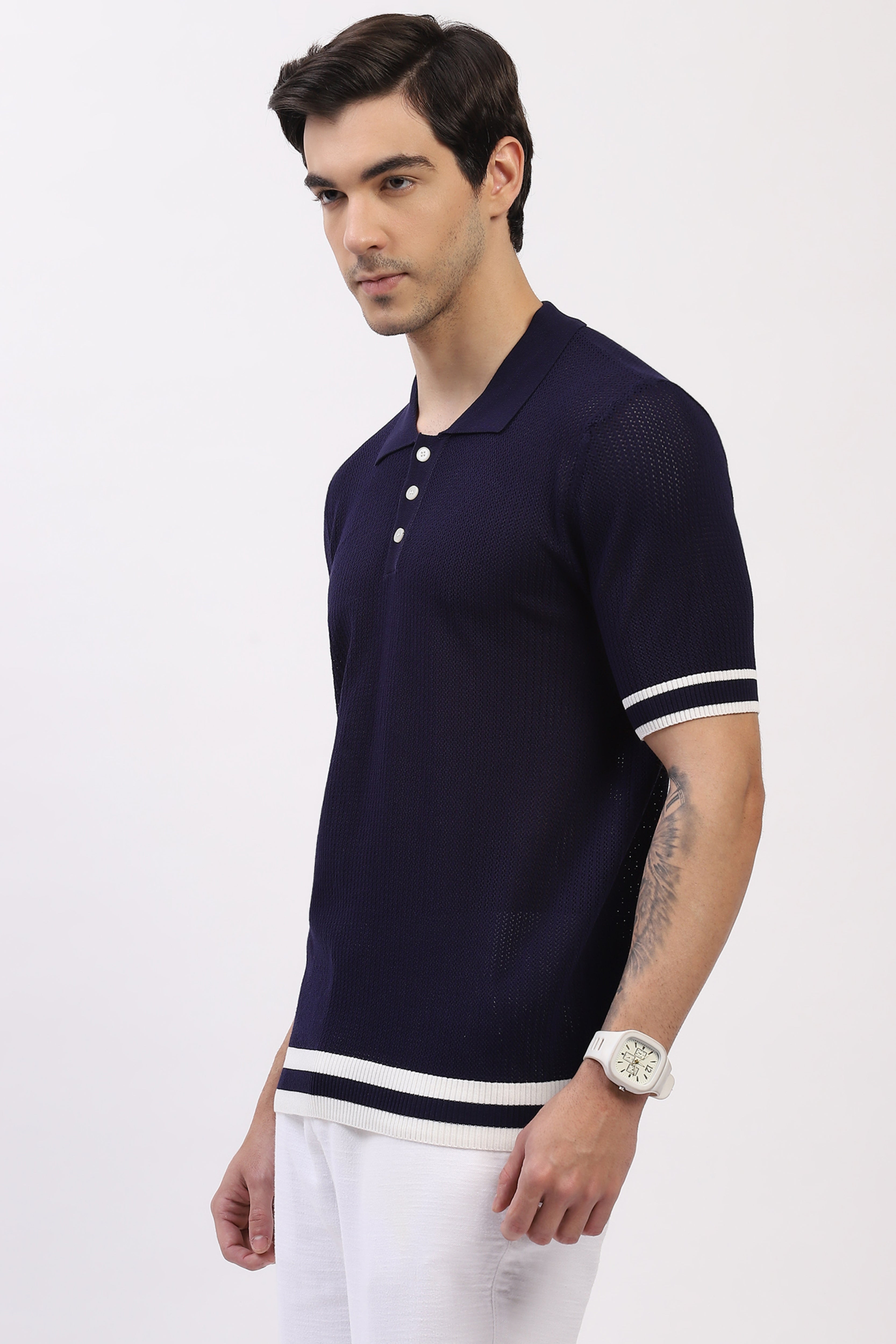 Navy Cotton Blend Polo T-Shirt
