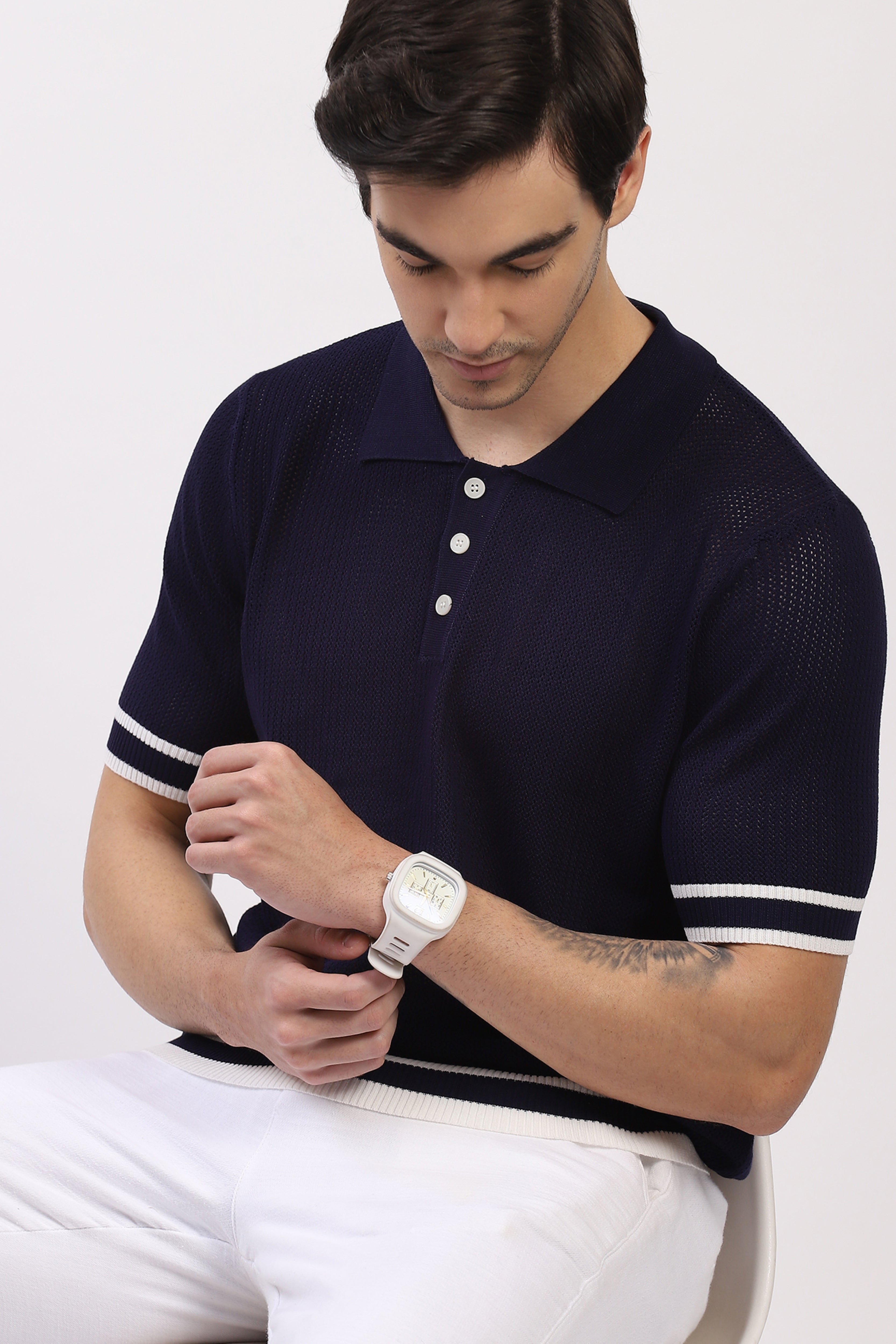 Navy Cotton Blend Polo T-Shirt