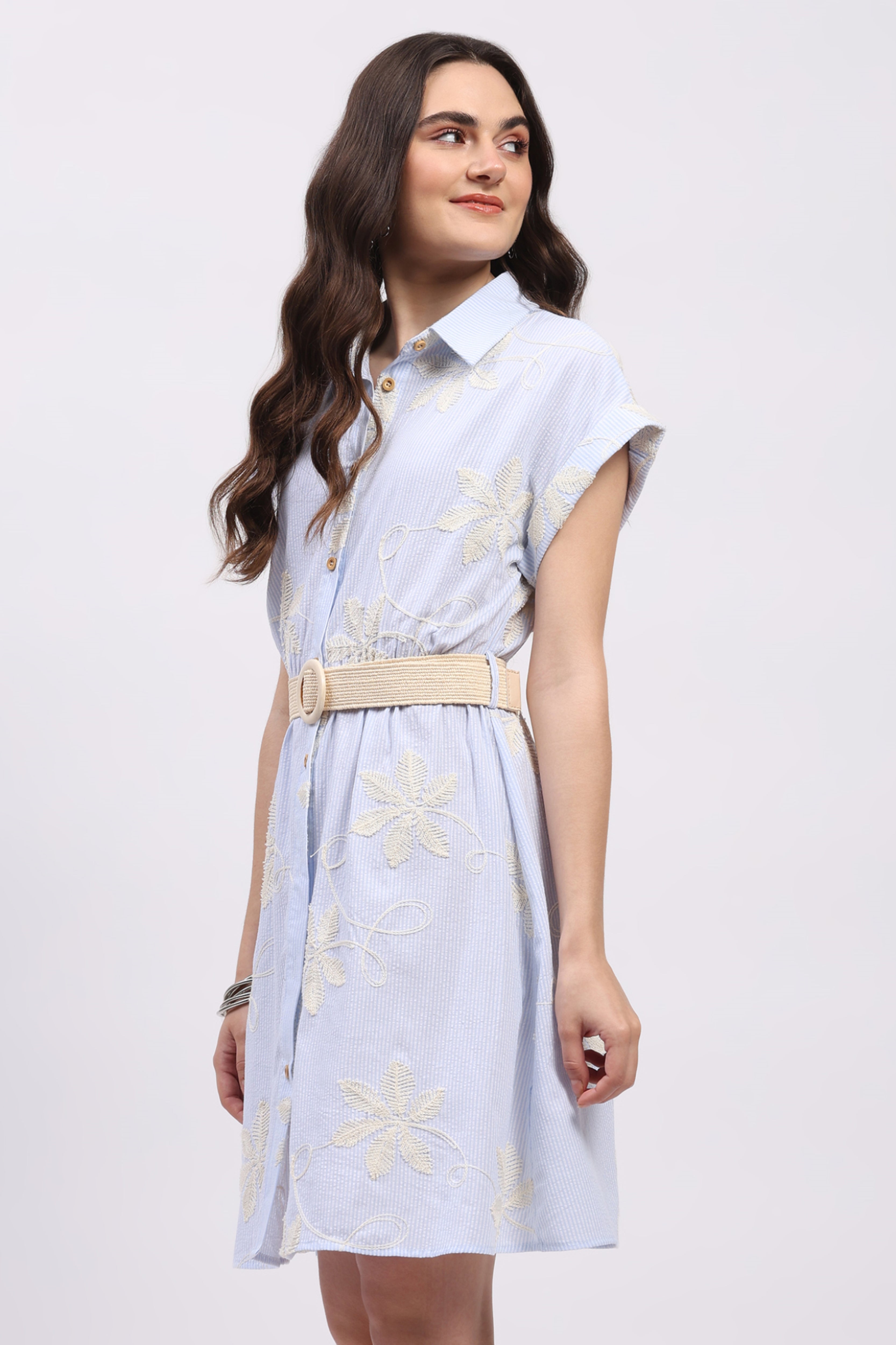 Sky Blue Floral Embroidered Shirt Dress