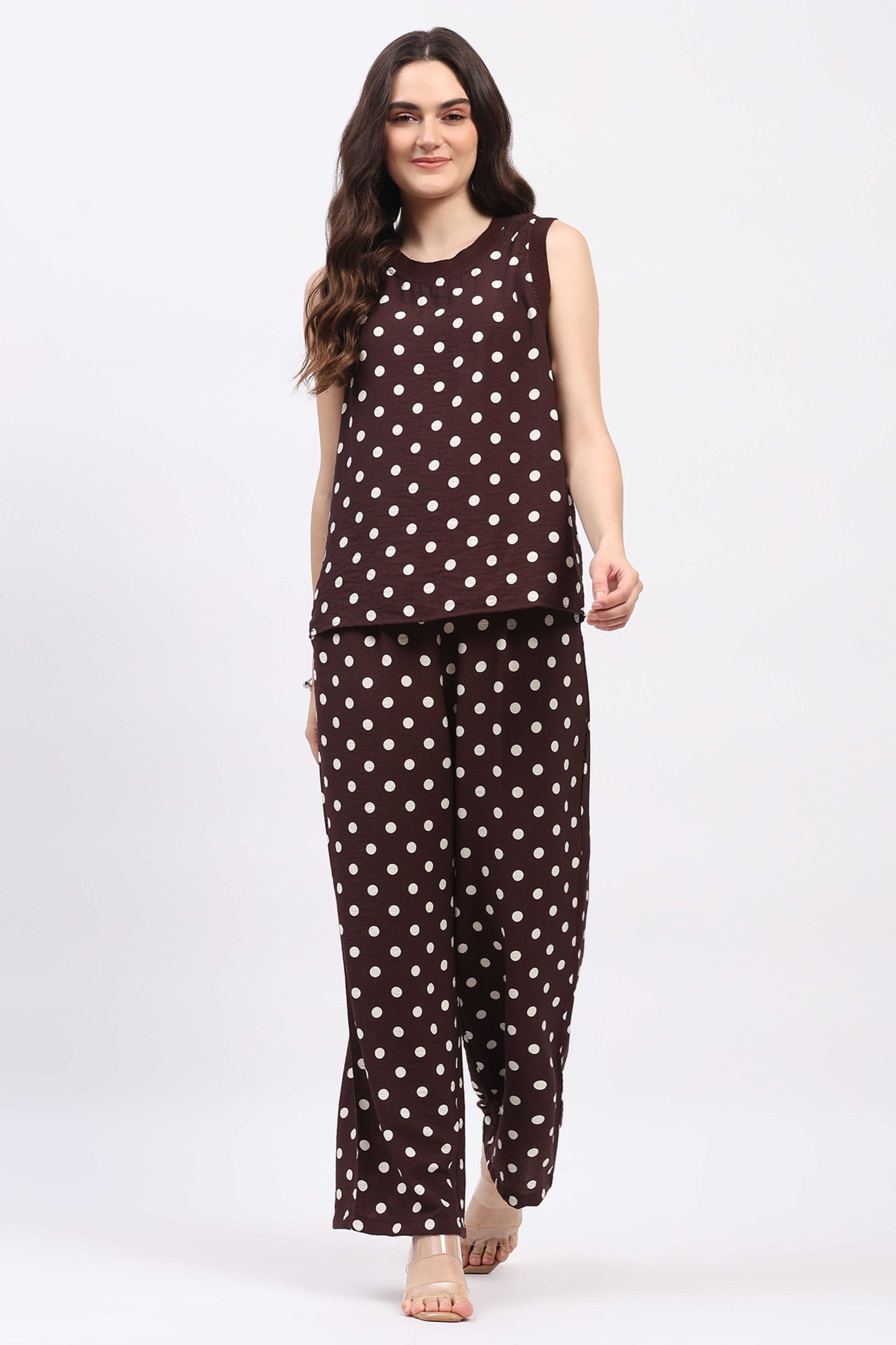 Coffee Brown Polka Dot Top & Lower Set