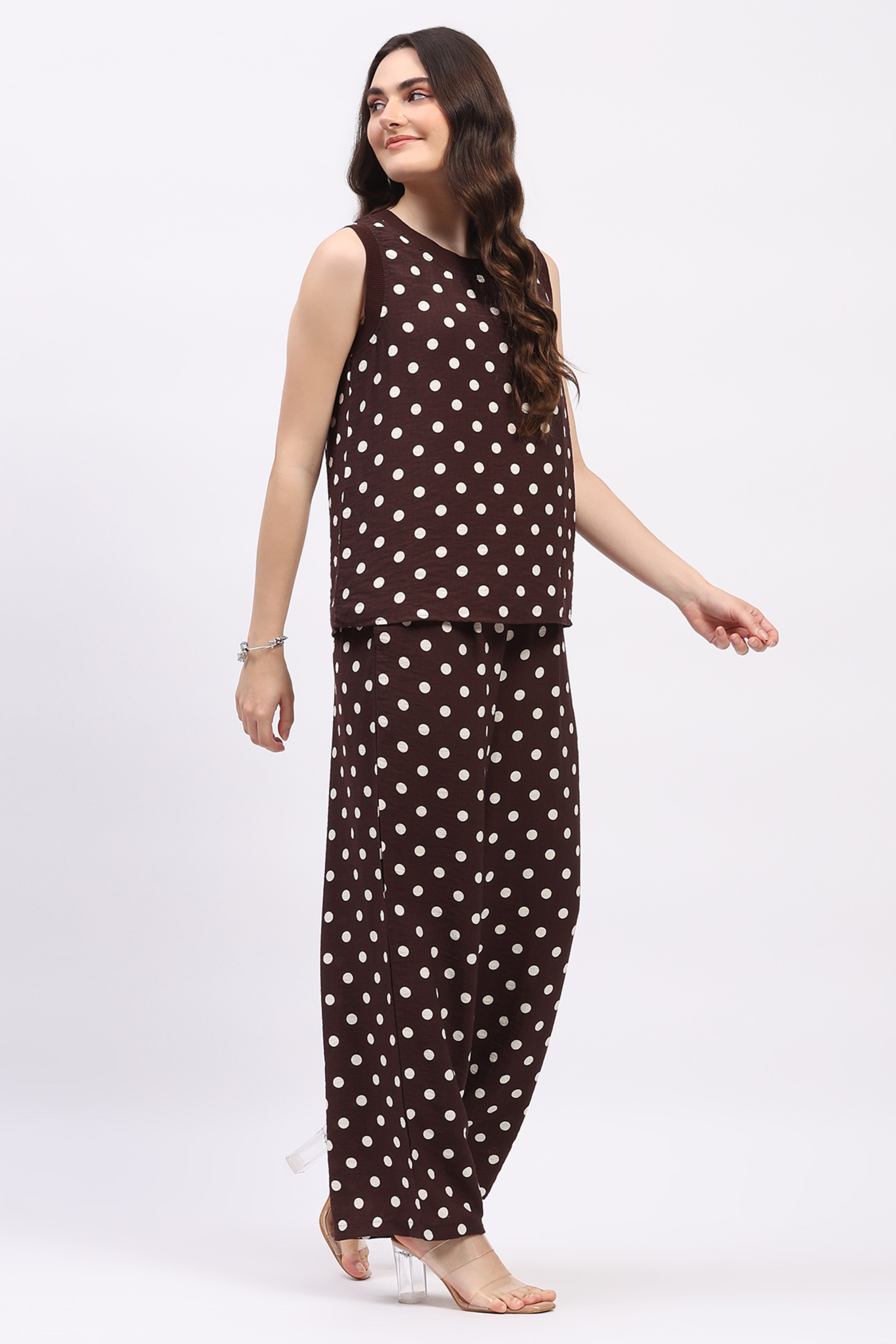 Coffee Brown Polka Dot Top & Lower Set