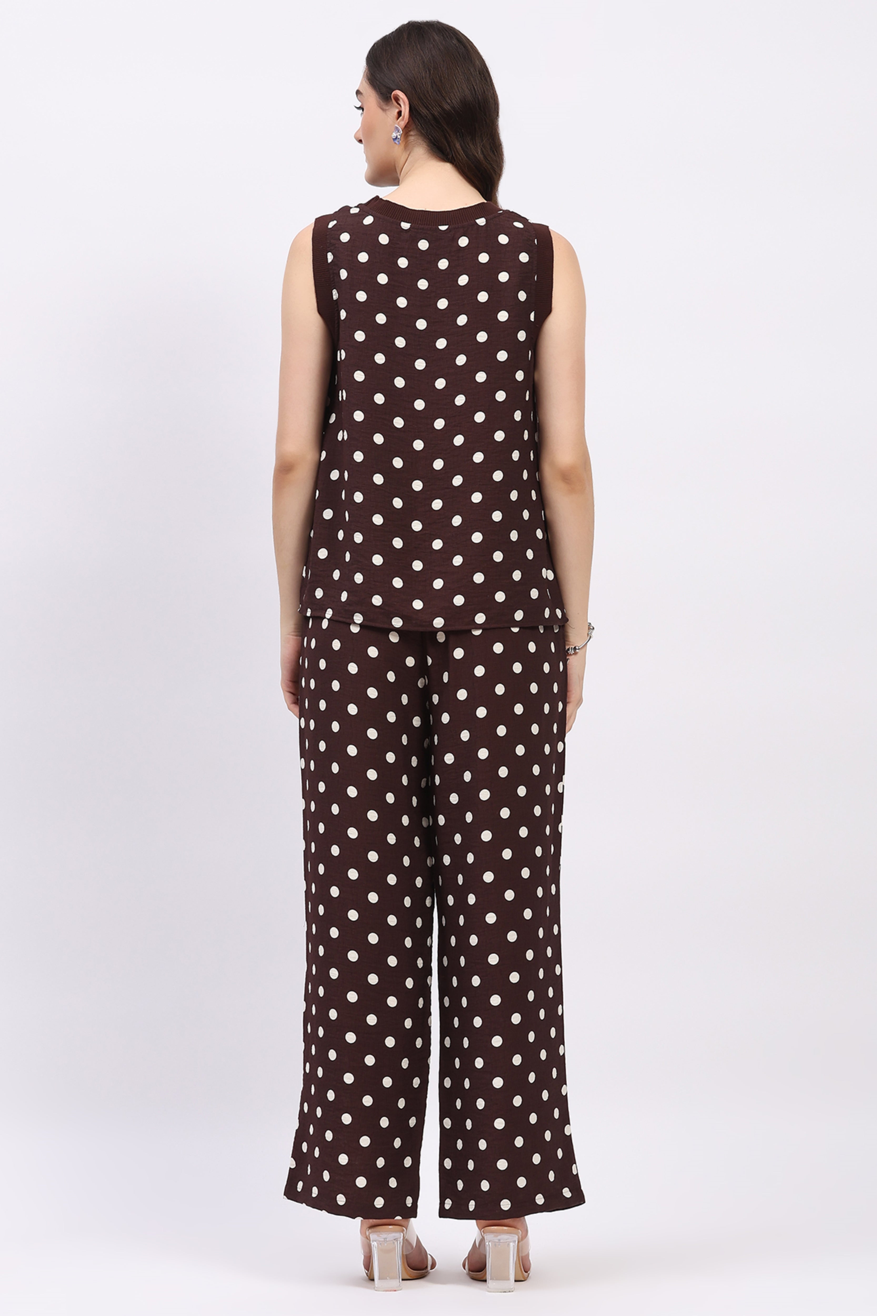 Coffee Brown Polka Dot Top & Lower Set