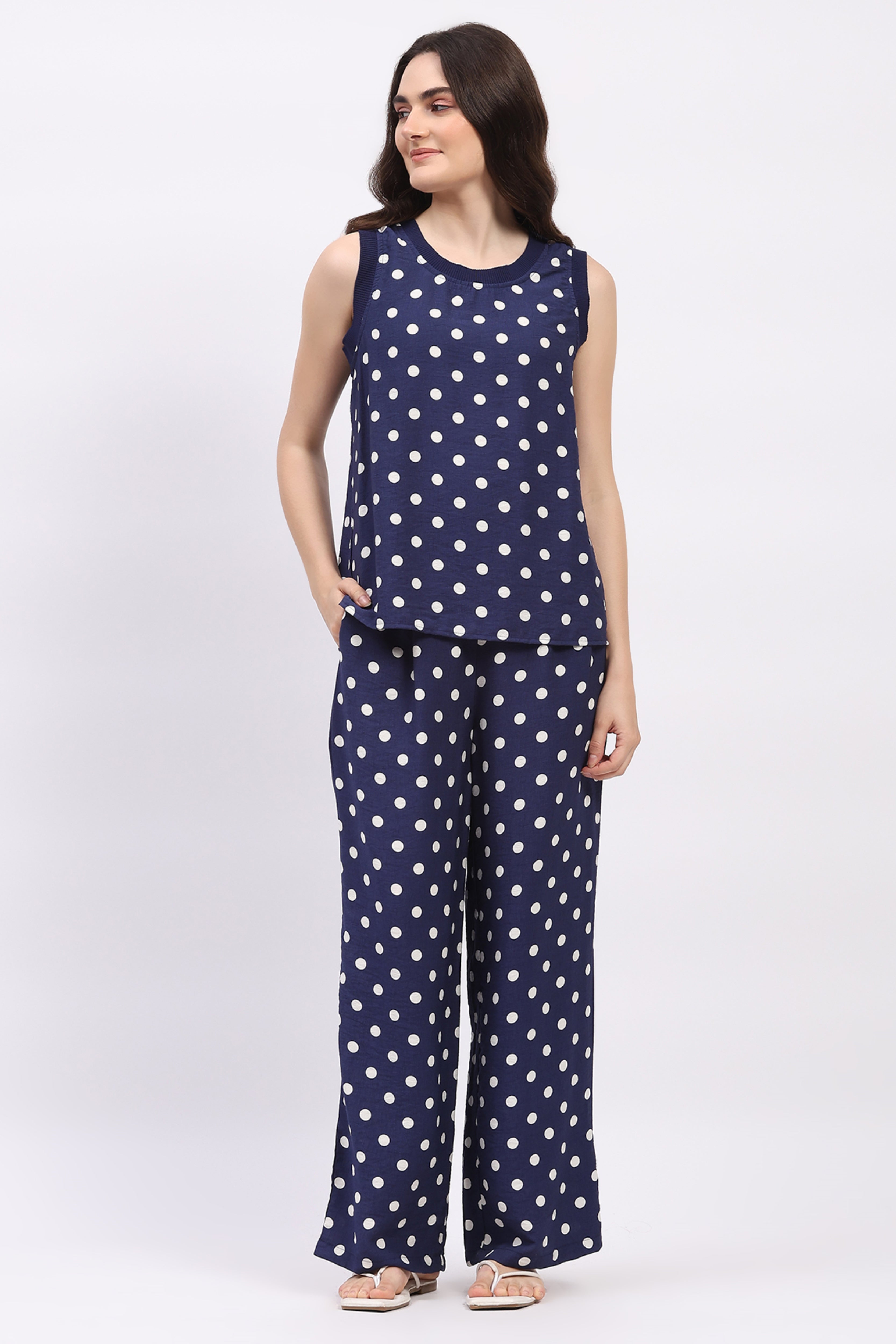 Navy Blue Polka Dot Top & Lower Set