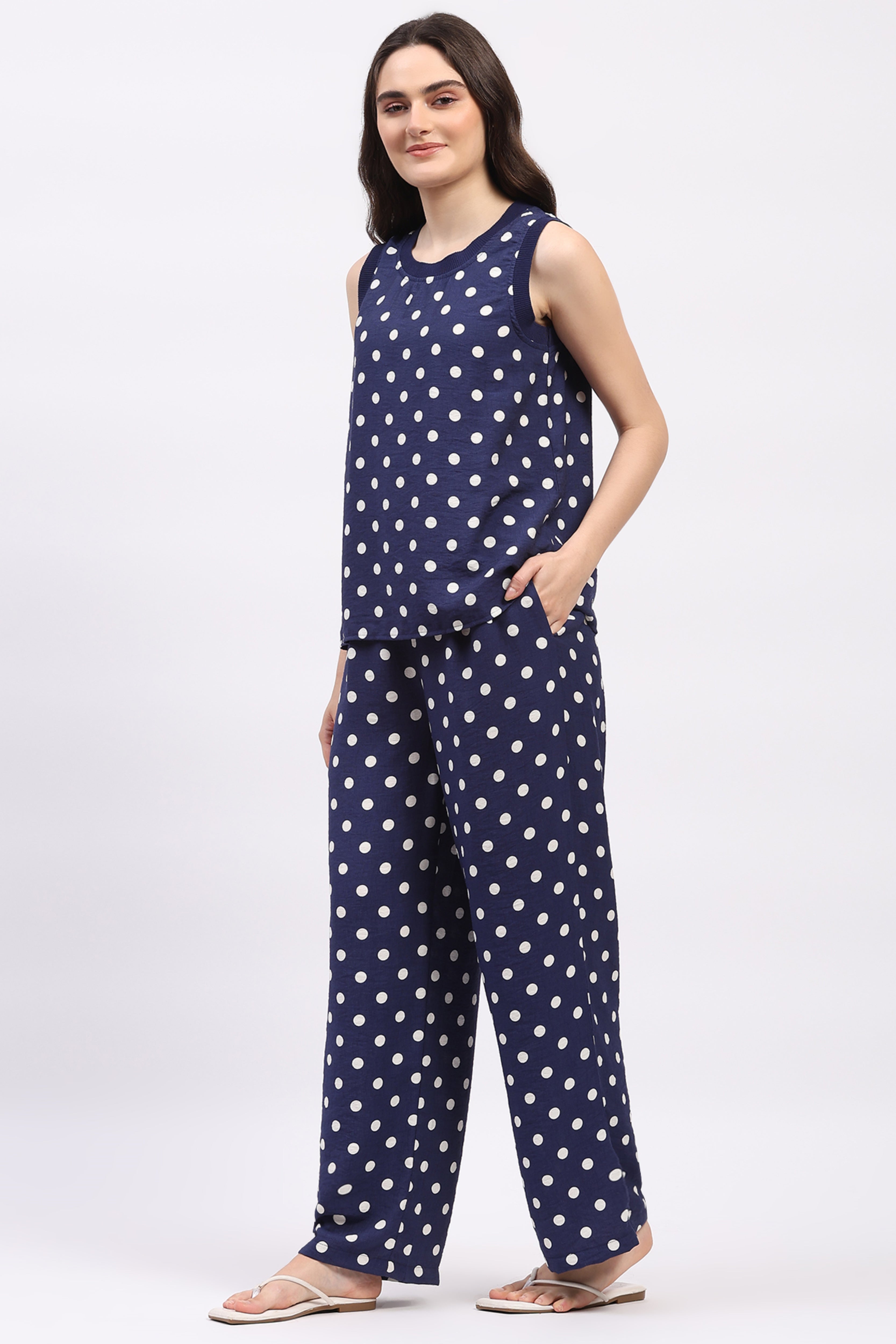 Navy Blue Polka Dot Top & Lower Set