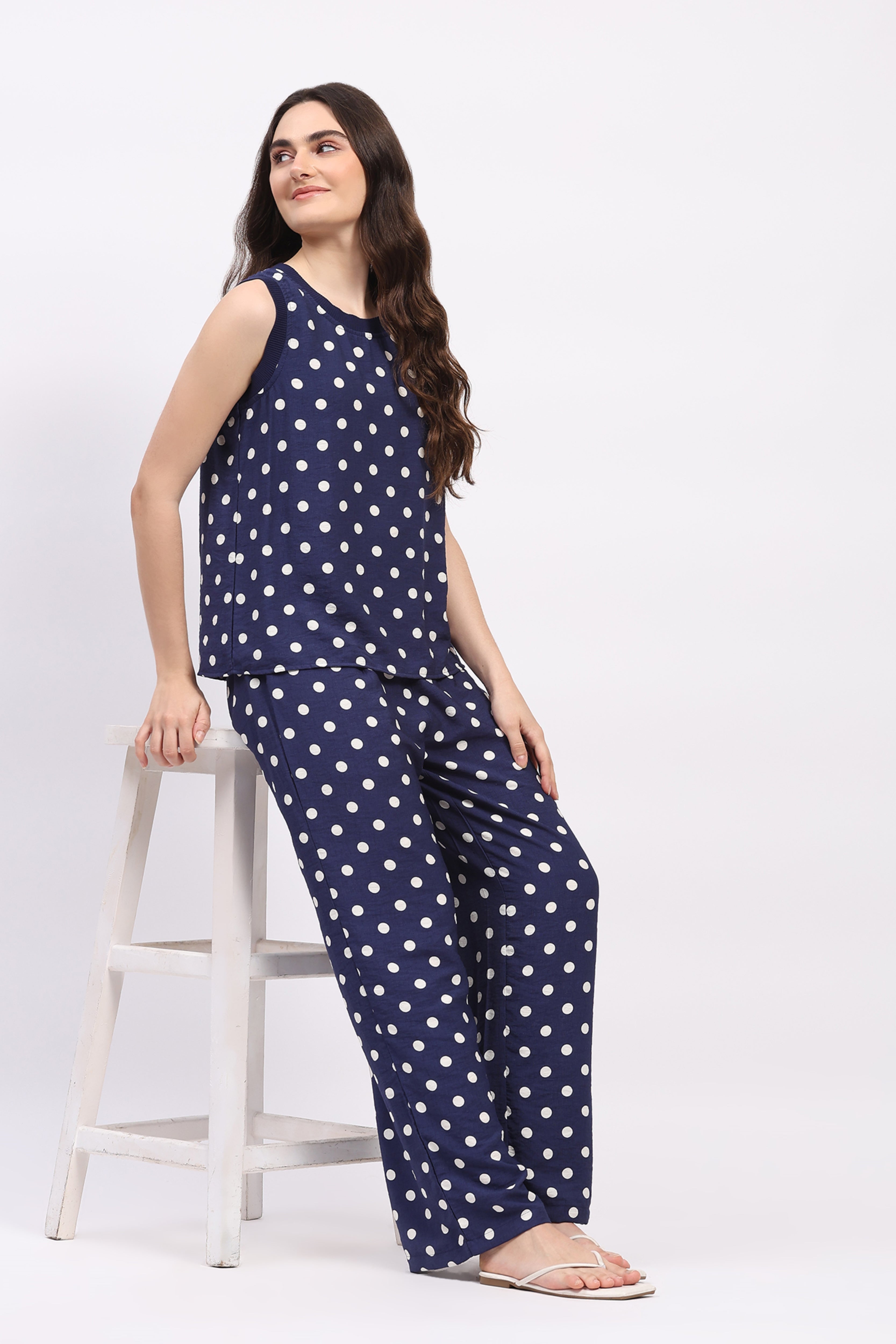 Navy Blue Polka Dot Top & Lower Set