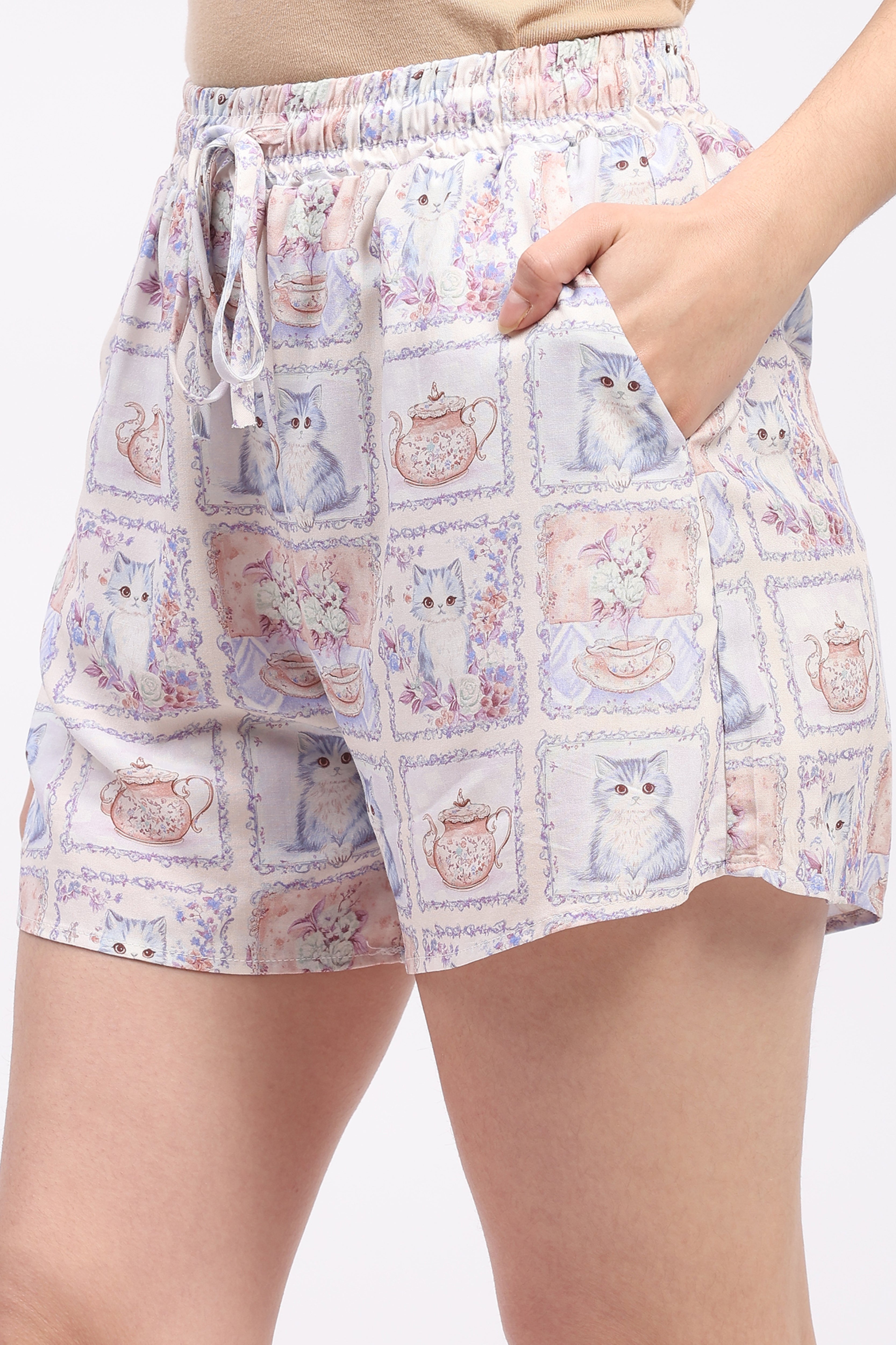 Mauve Quirky Print Rayon Shorts