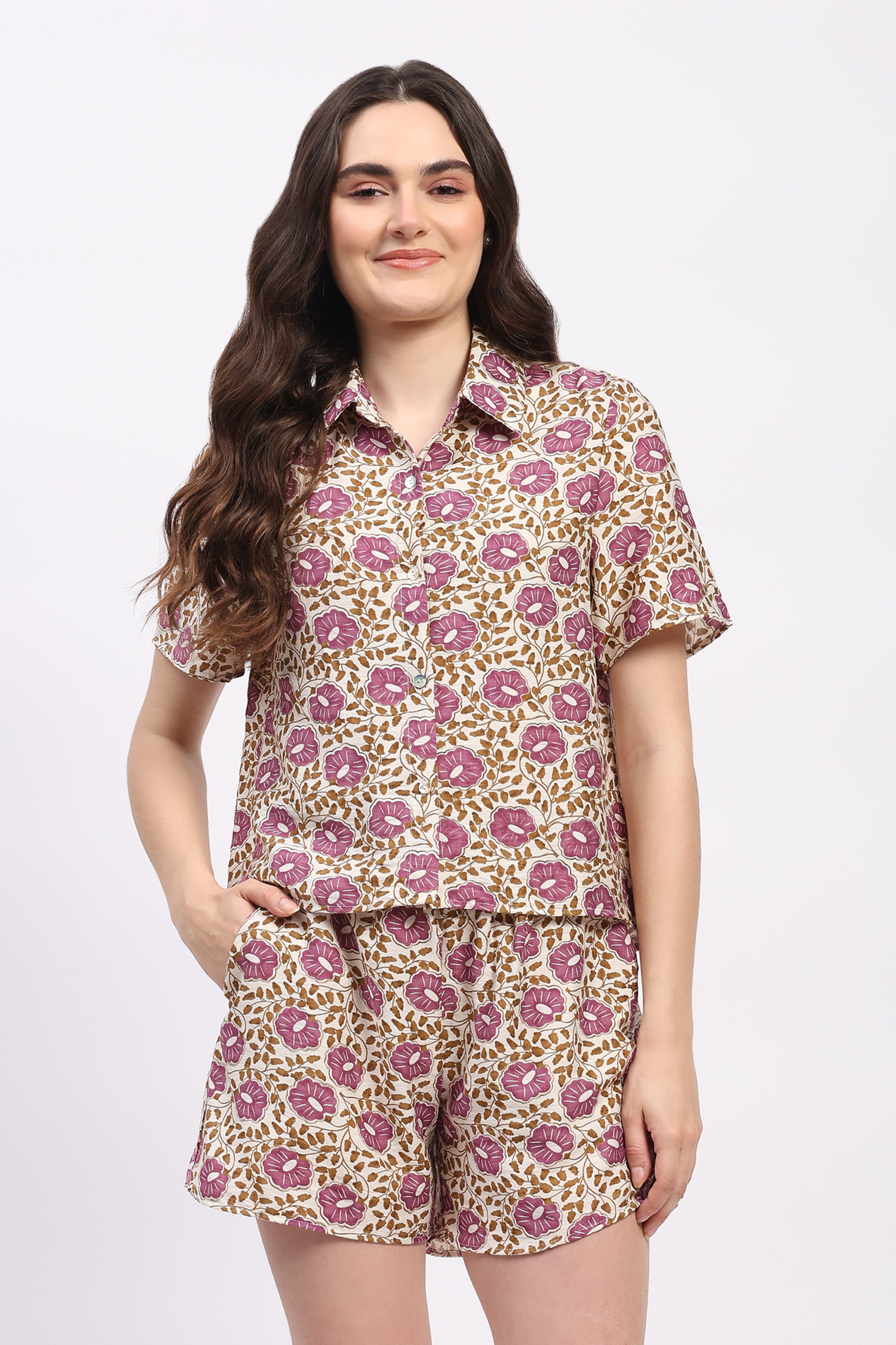 Violet Floral Print Rayon Co-ord Set