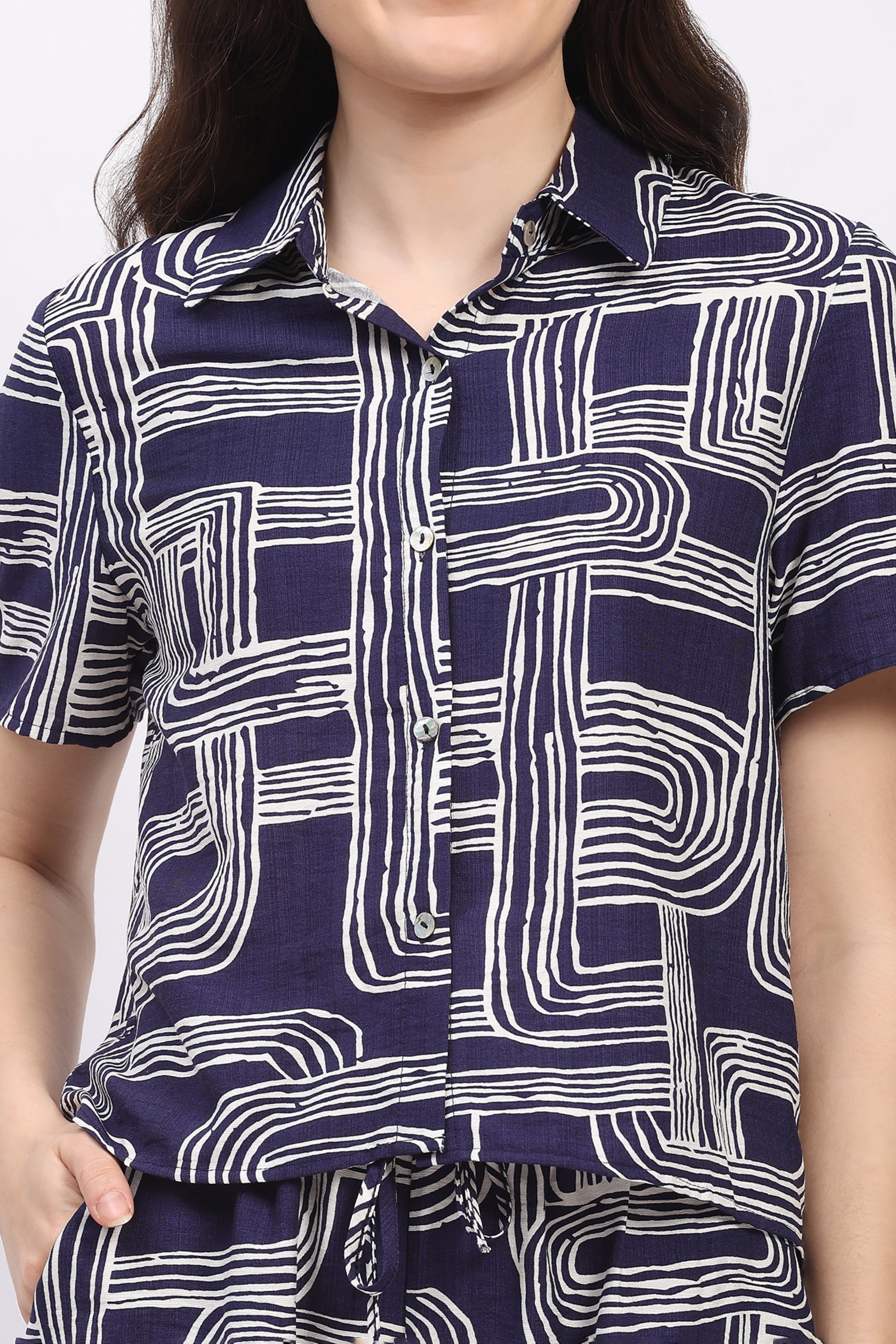 Navy Blue Abstract Print Rayon Shirt