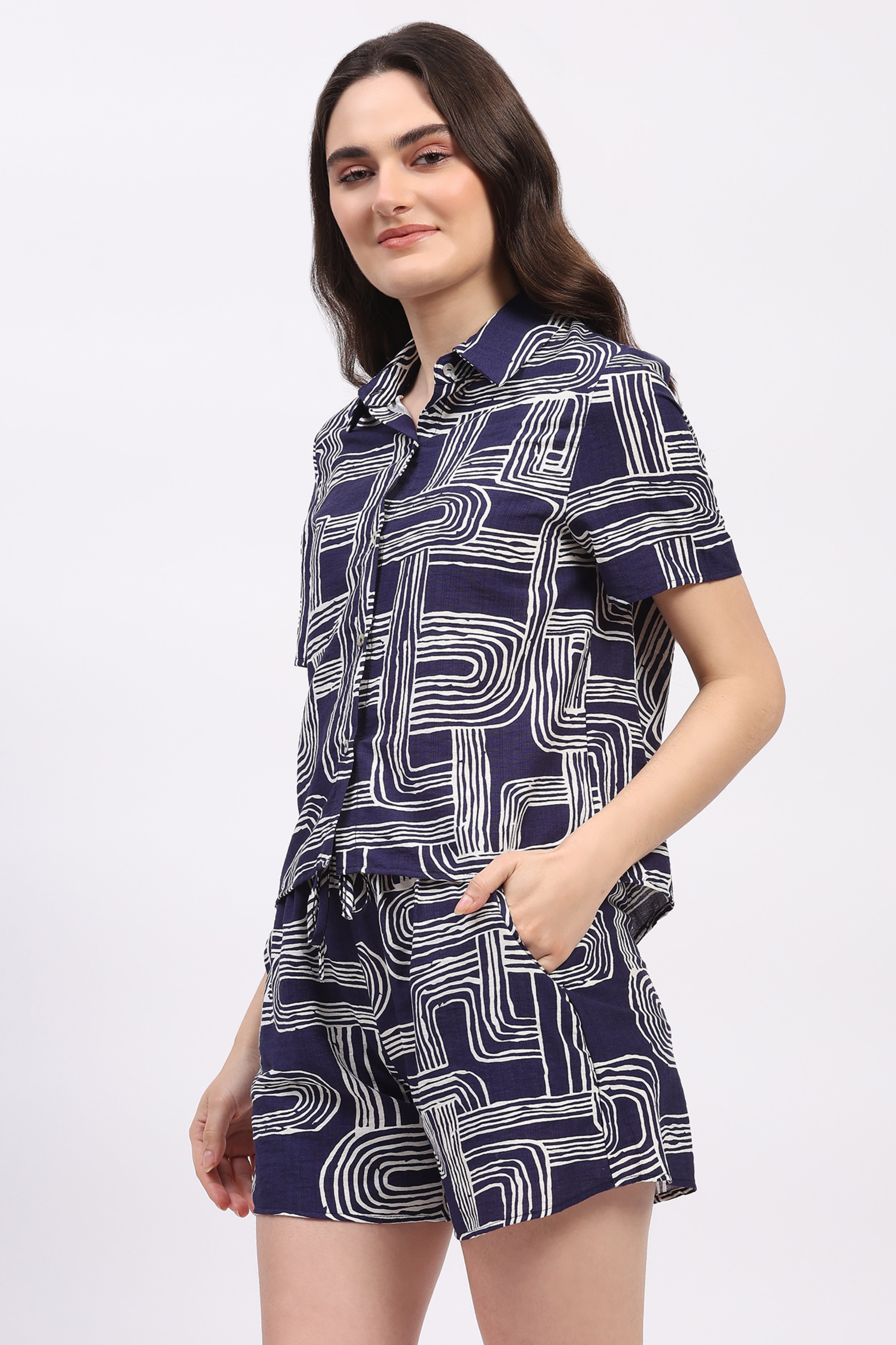 Navy Blue Abstract Print Rayon Shirt