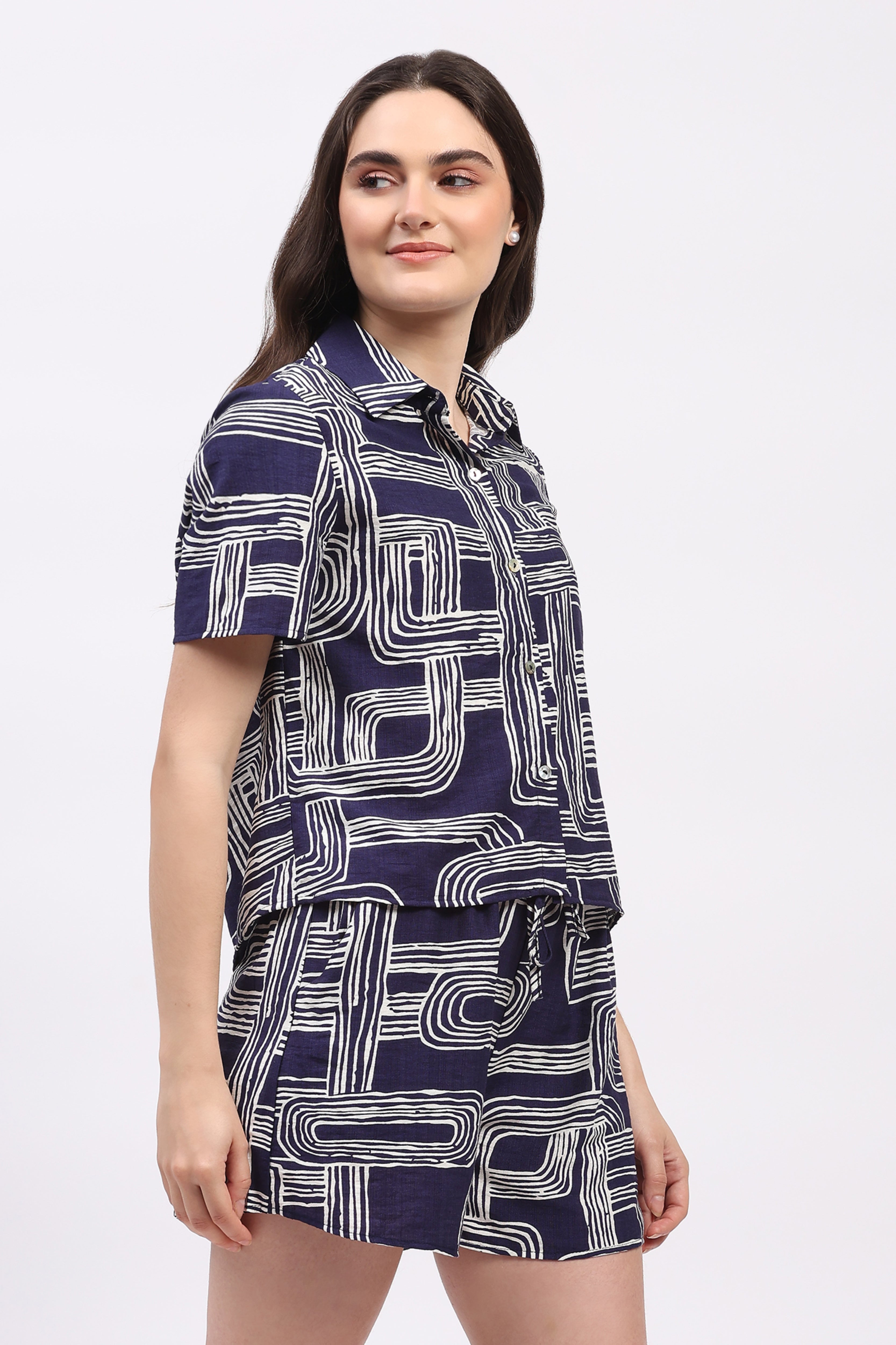 Navy Blue Abstract Print Rayon Shirt