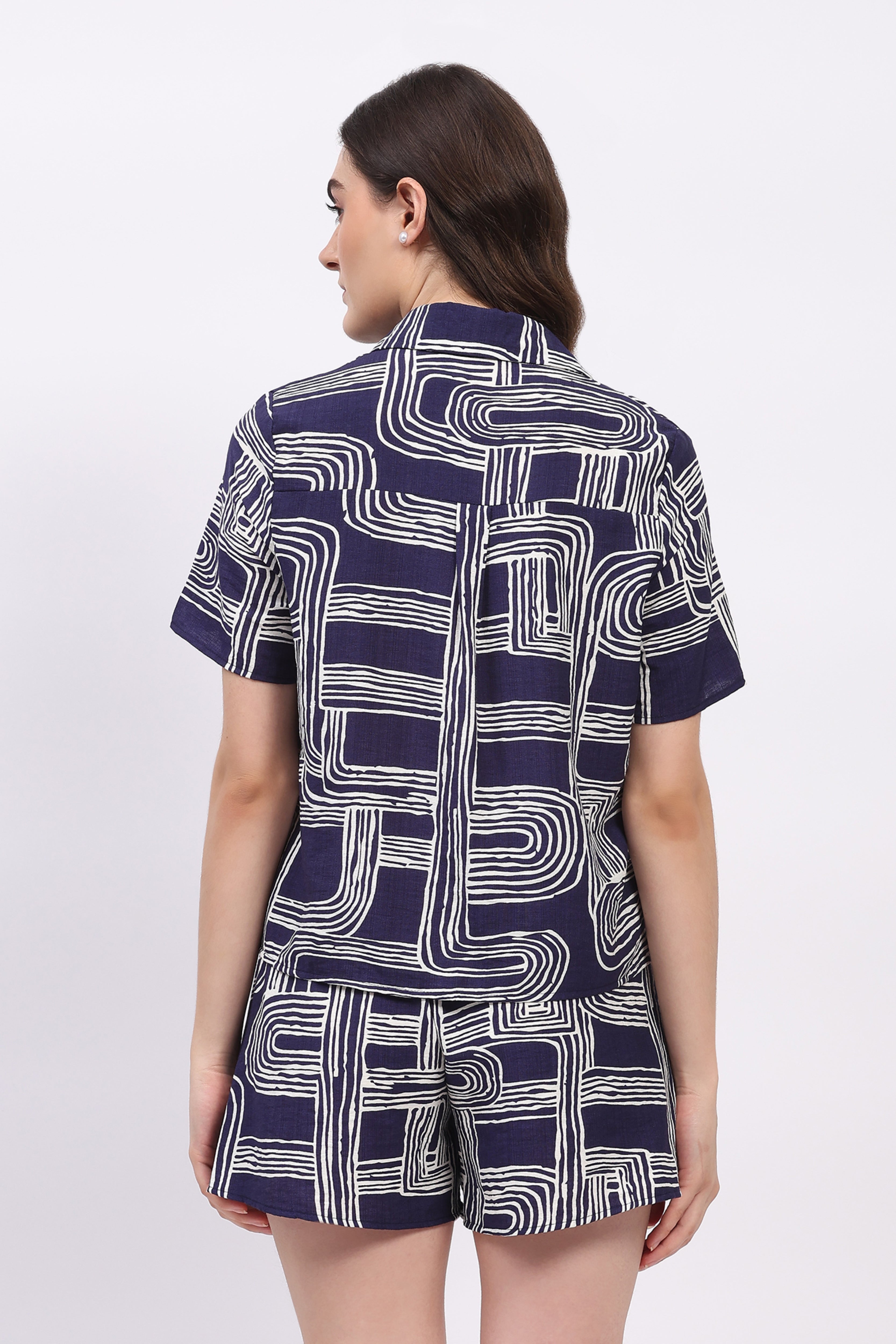Navy Blue Abstract Print Rayon Shirt