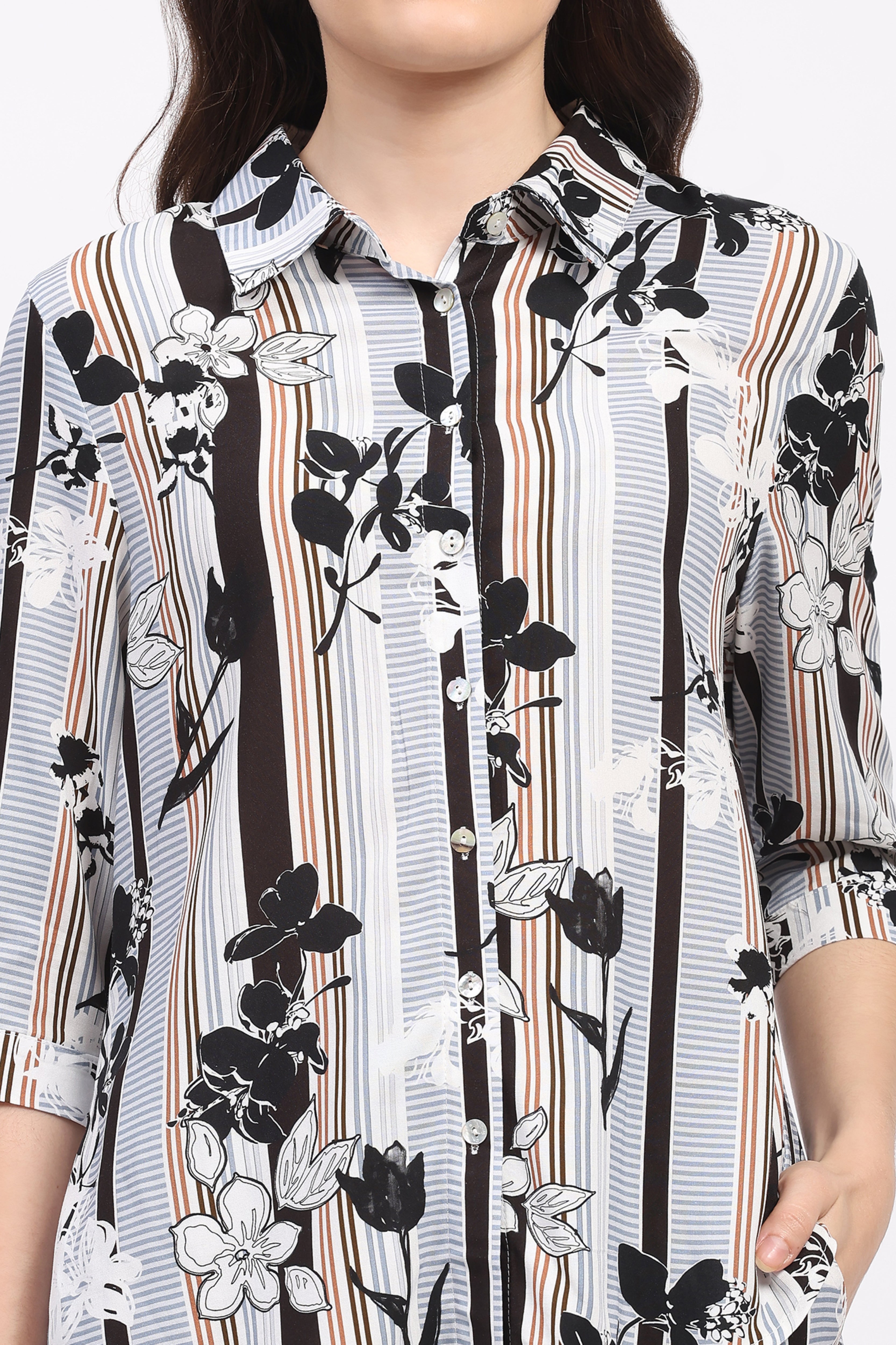 Multi Floral & Striped Print Rayon Shirt