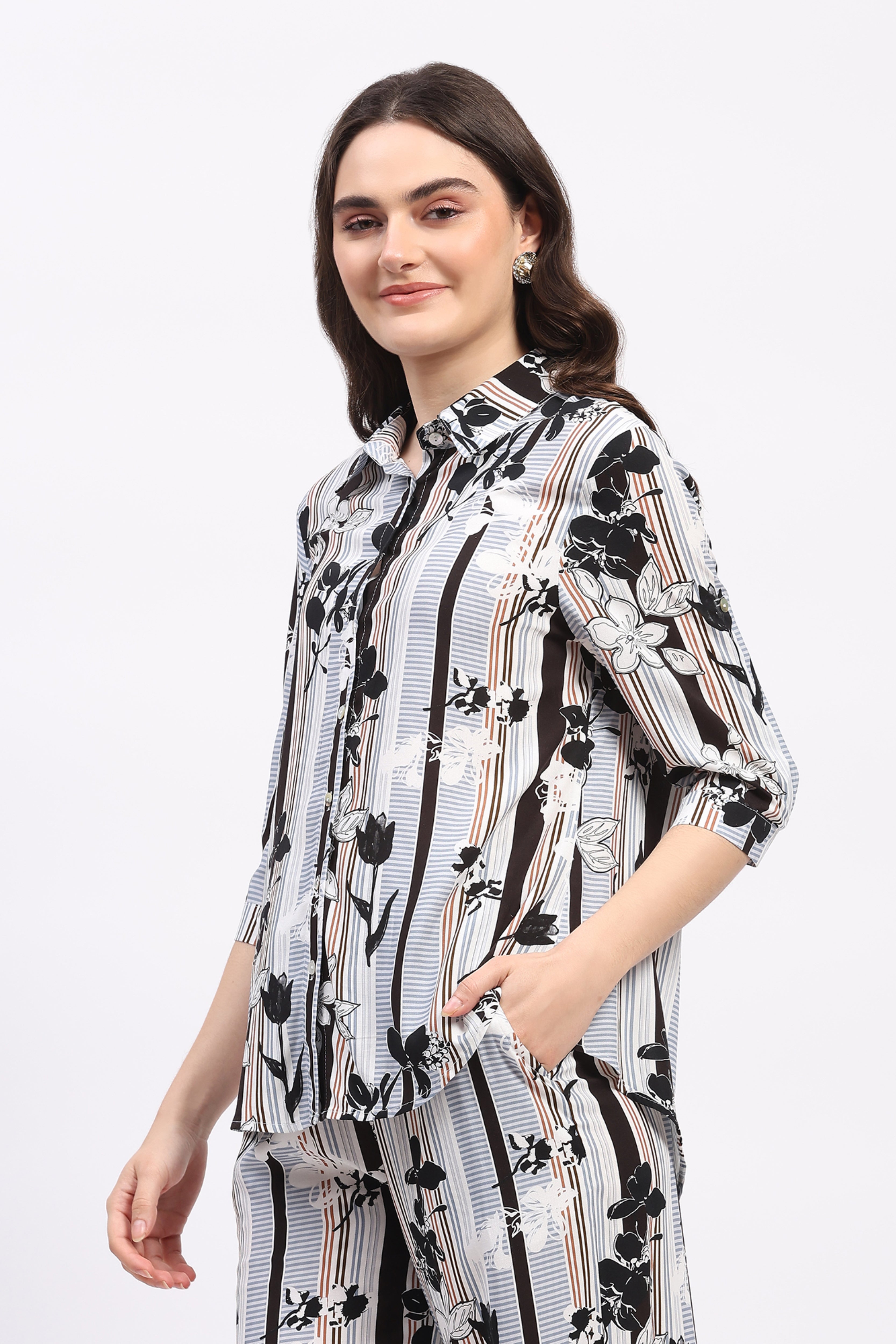 Multi Floral & Striped Print Rayon Shirt