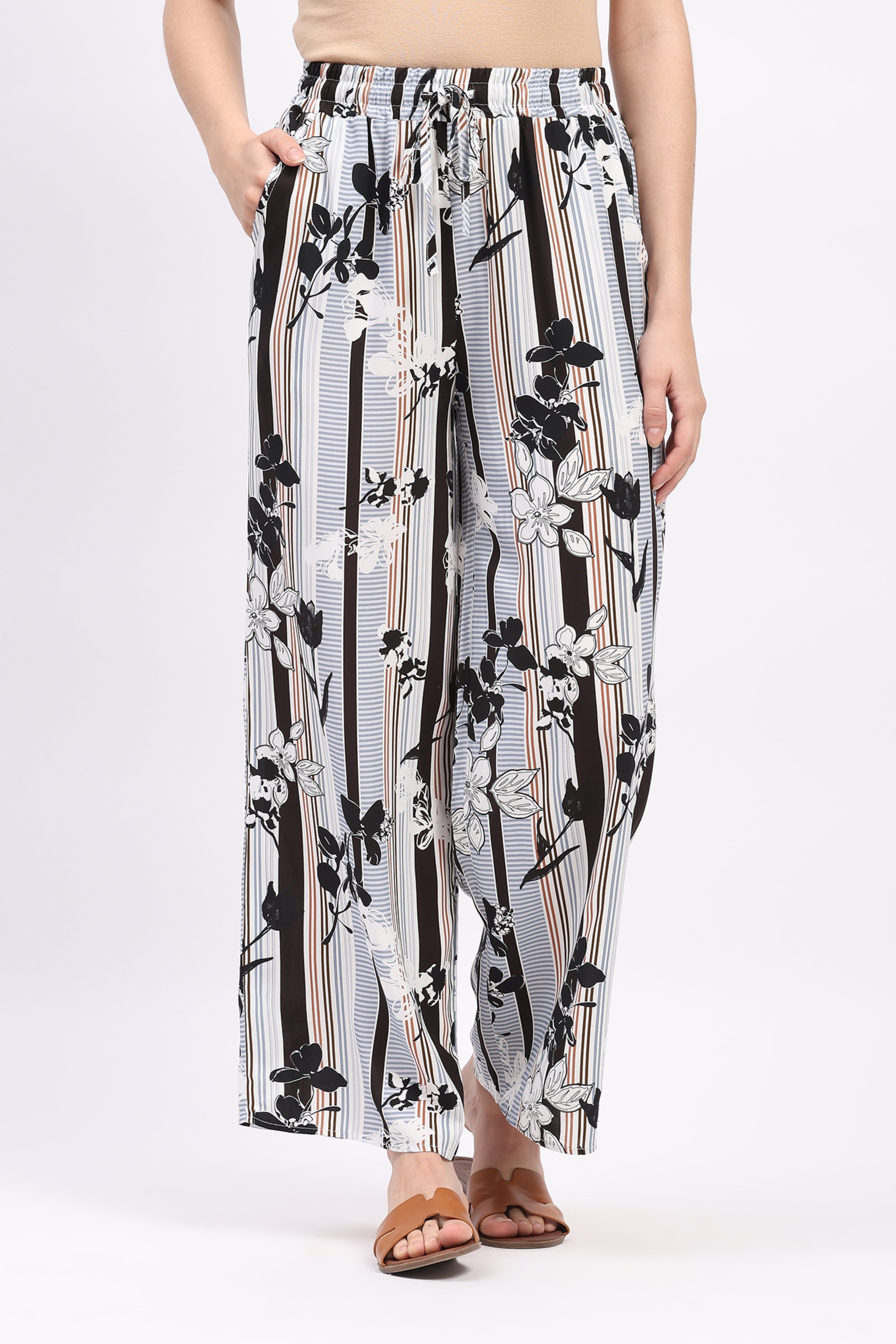 Multicolor Floral Striped Rayon Lower