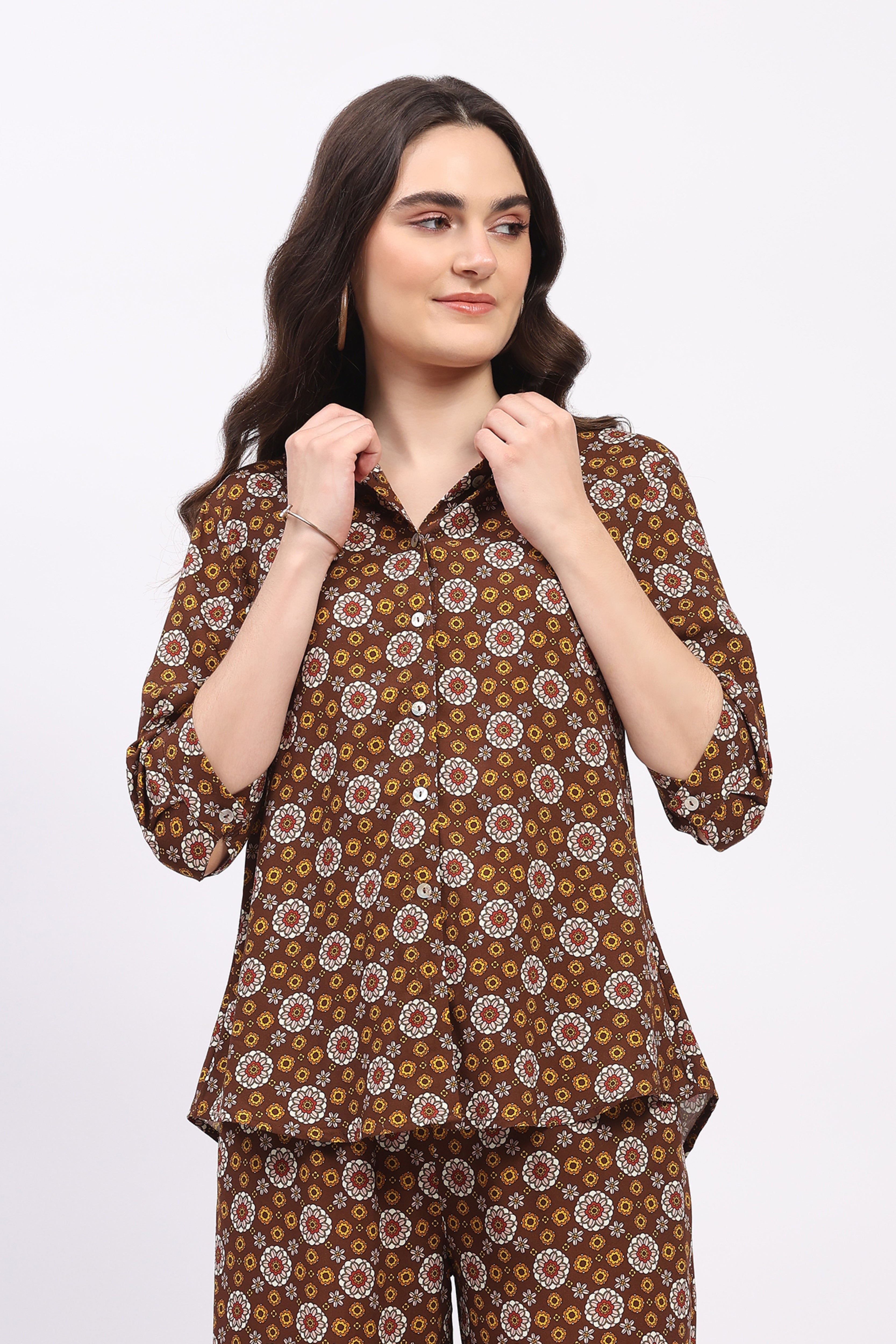 Brown Floral Print Cotton Shirt