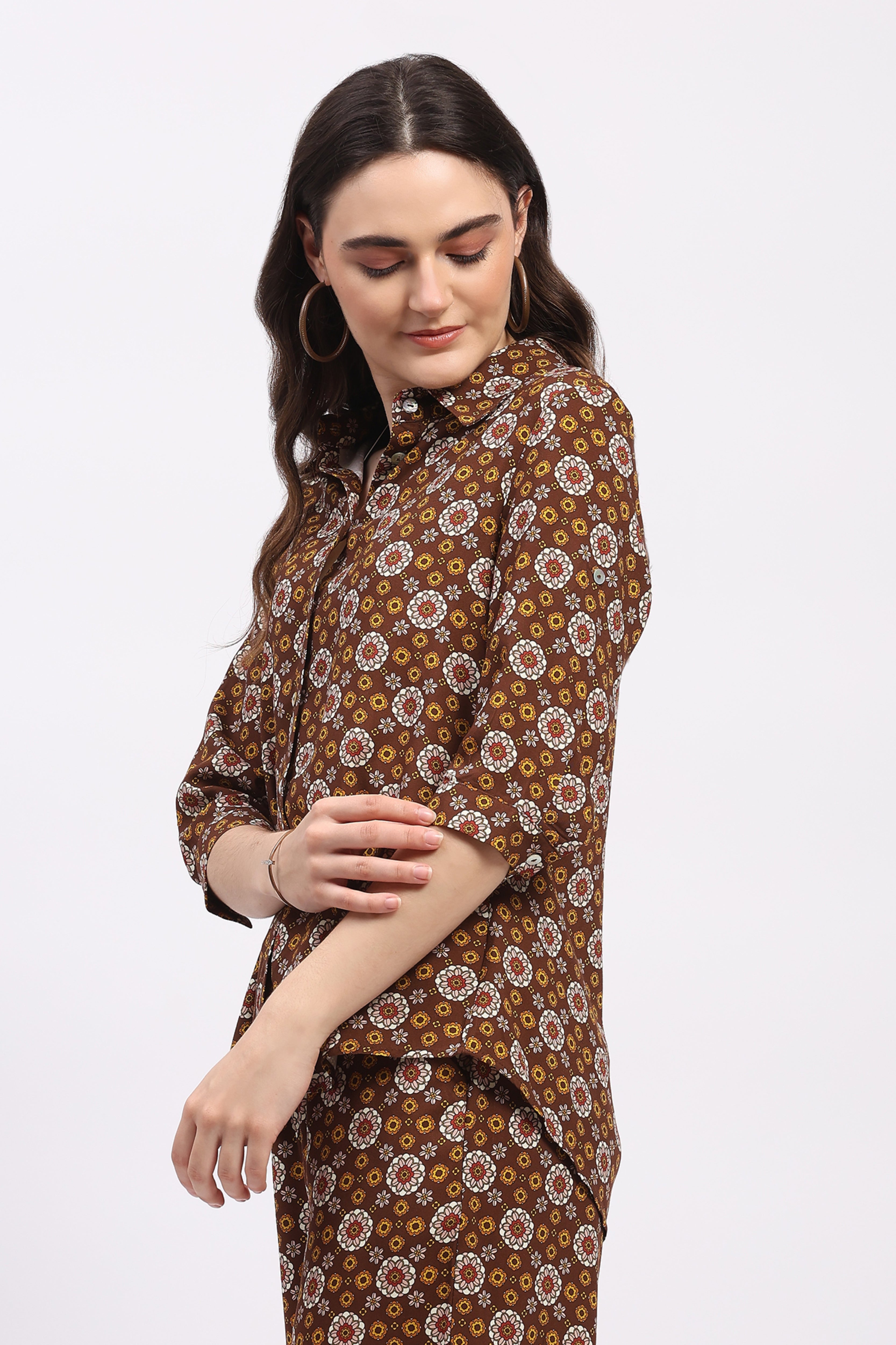 Brown Floral Print Cotton Shirt