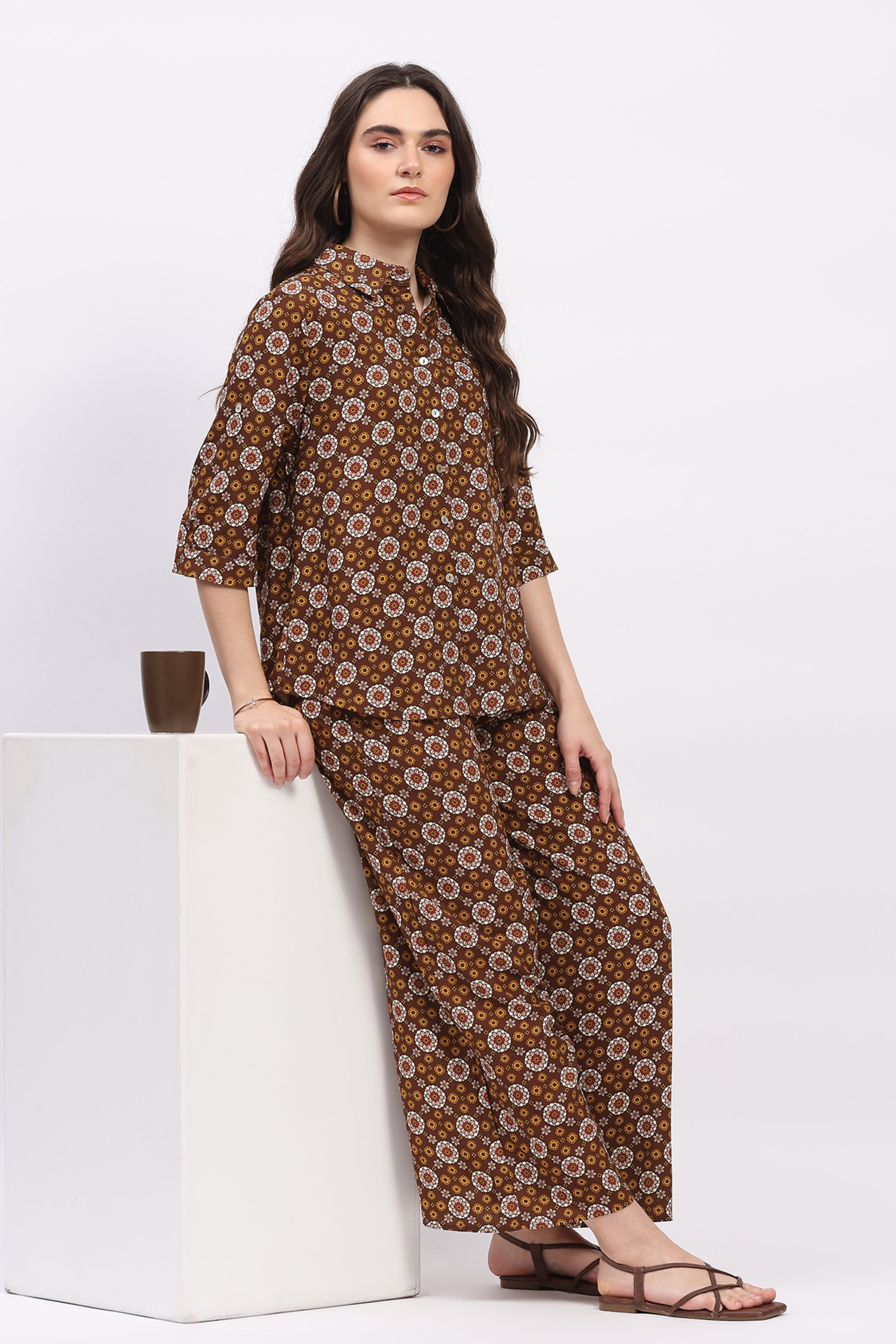 Brown Floral Print Cotton Shirt