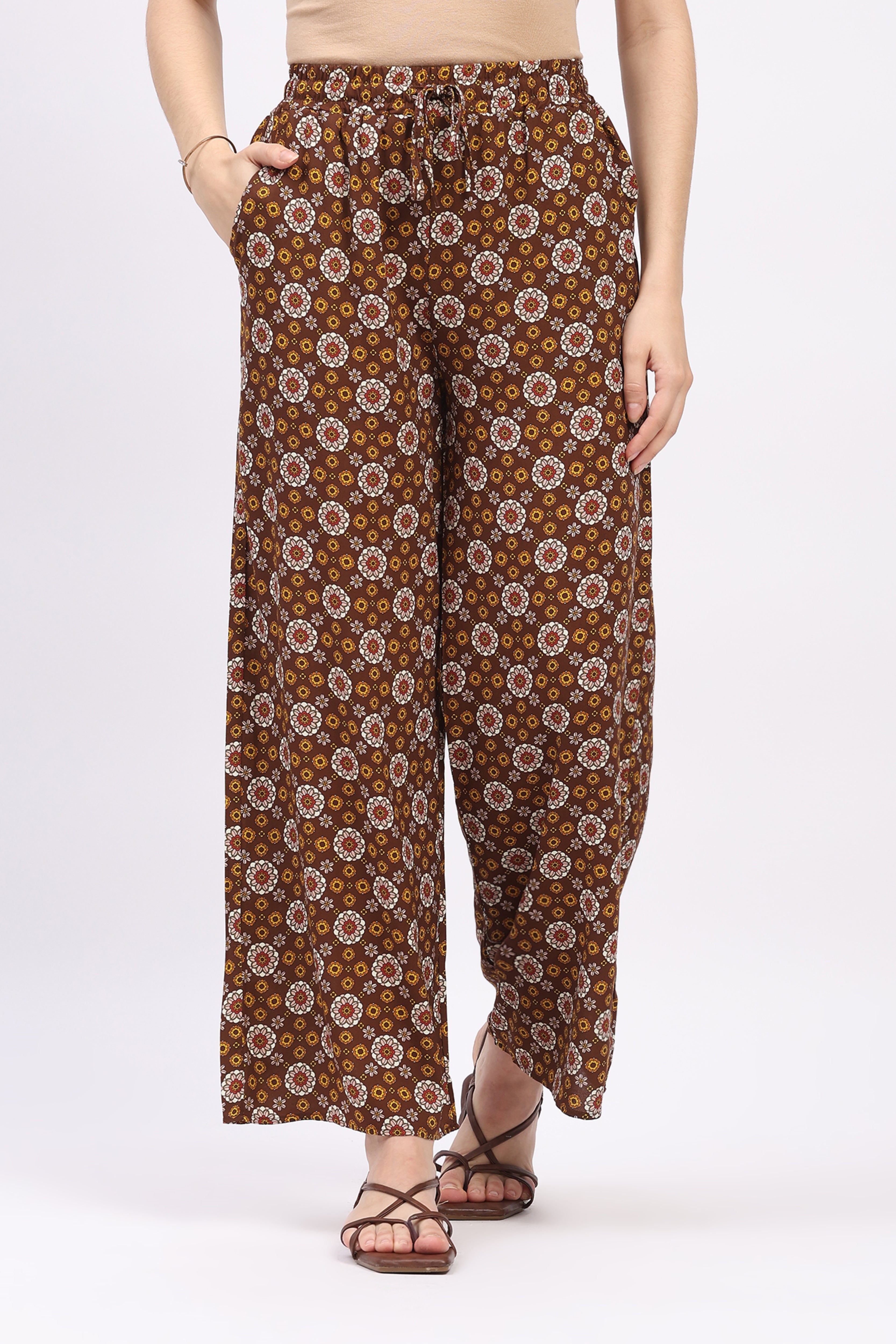 Brown Floral Print Cotton Lower
