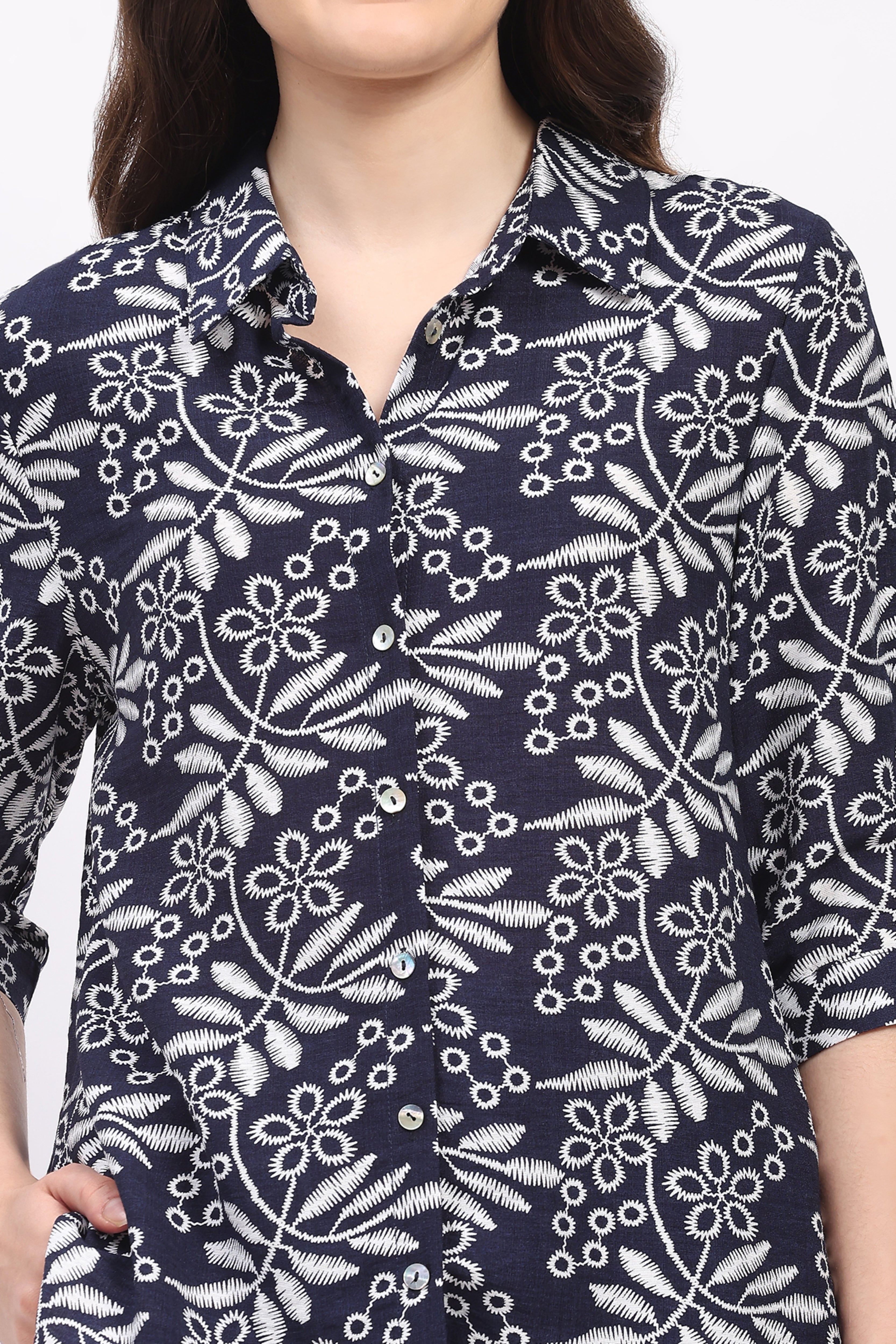 Navy Blue Leaf & Floral Print Rayon Shirt