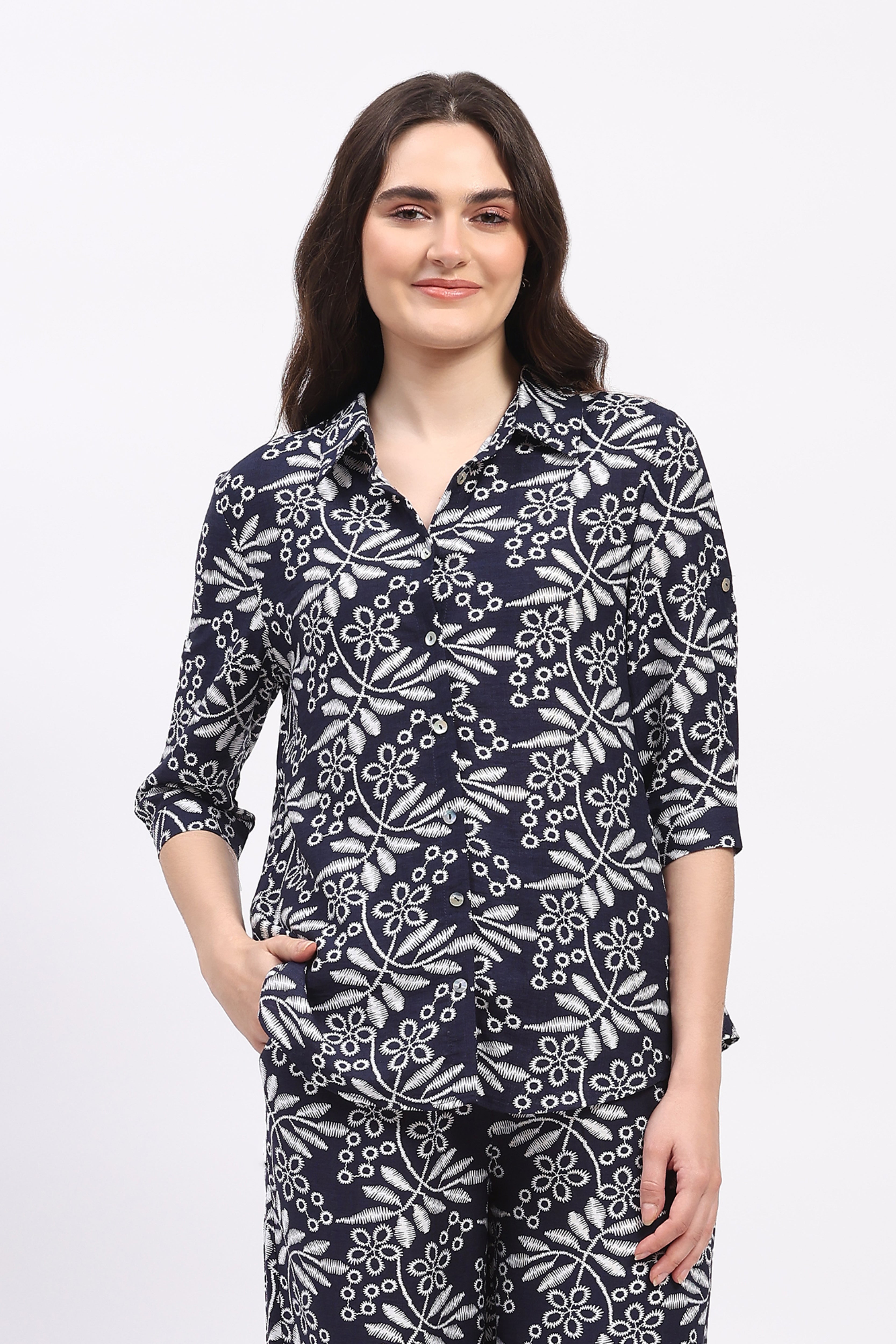 Navy Blue Leaf & Floral Print Rayon Shirt
