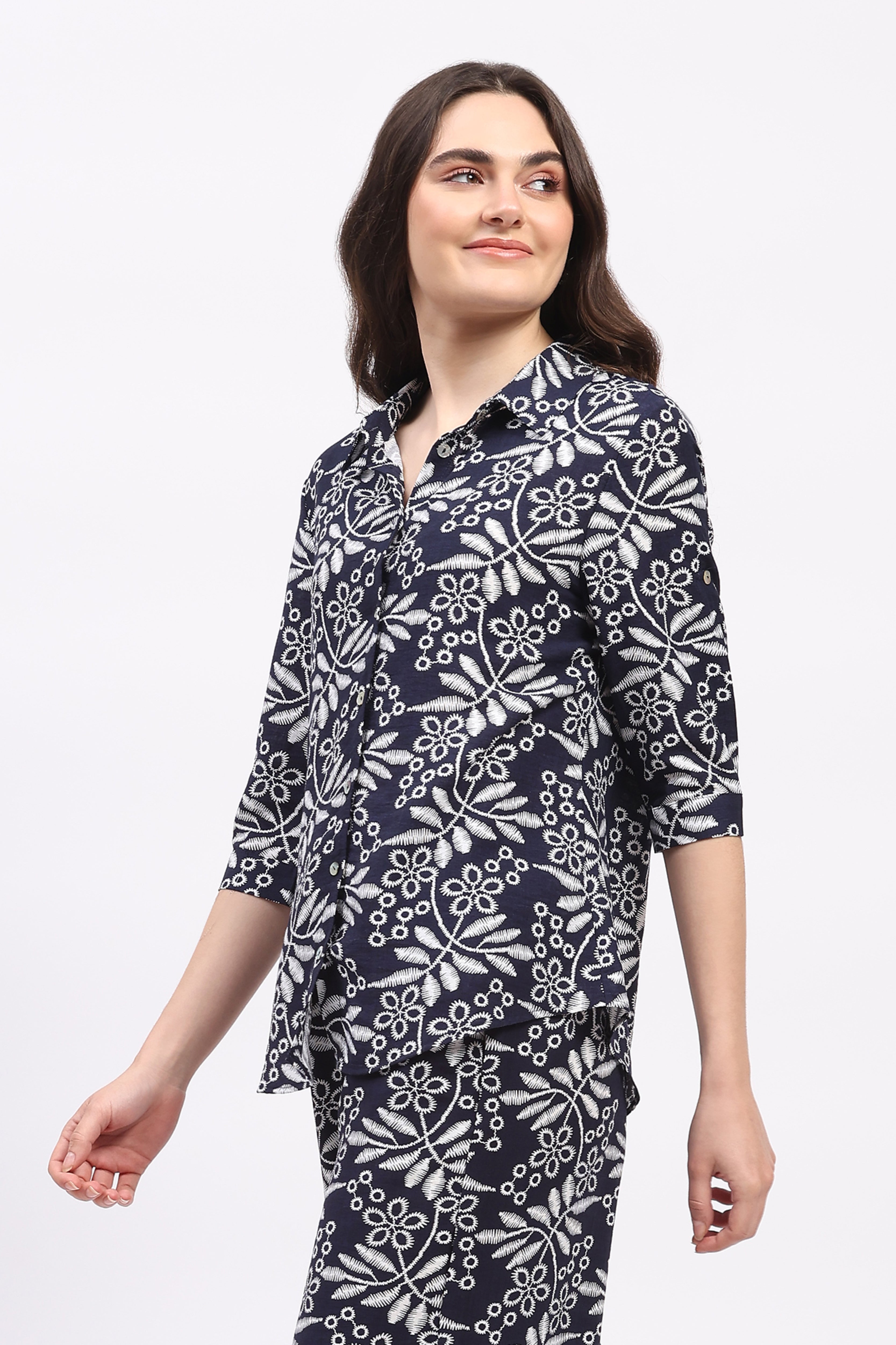 Navy Blue Leaf & Floral Print Rayon Co-ord Set