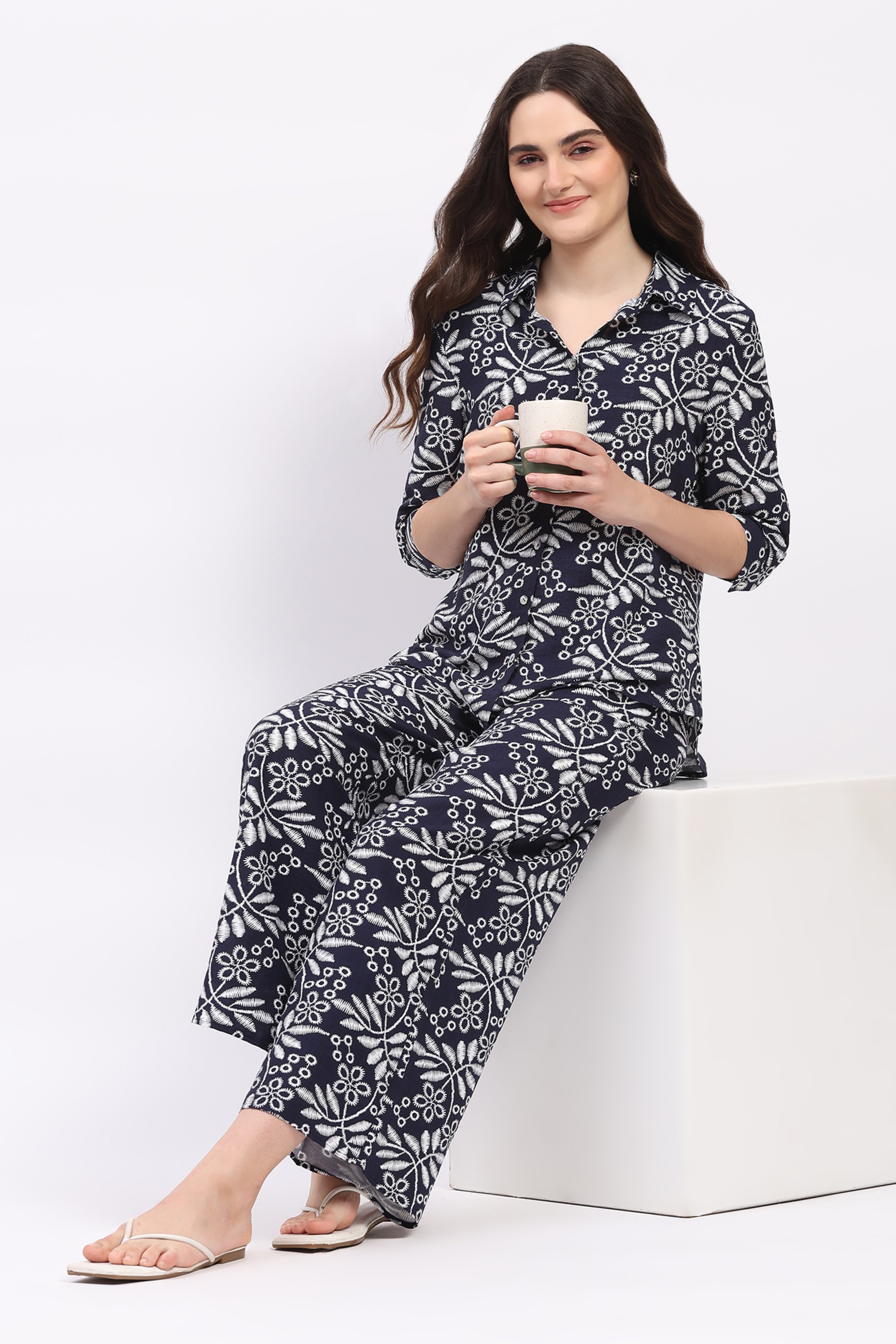 Navy Blue Leaf & Floral Print Rayon Co-ord Set