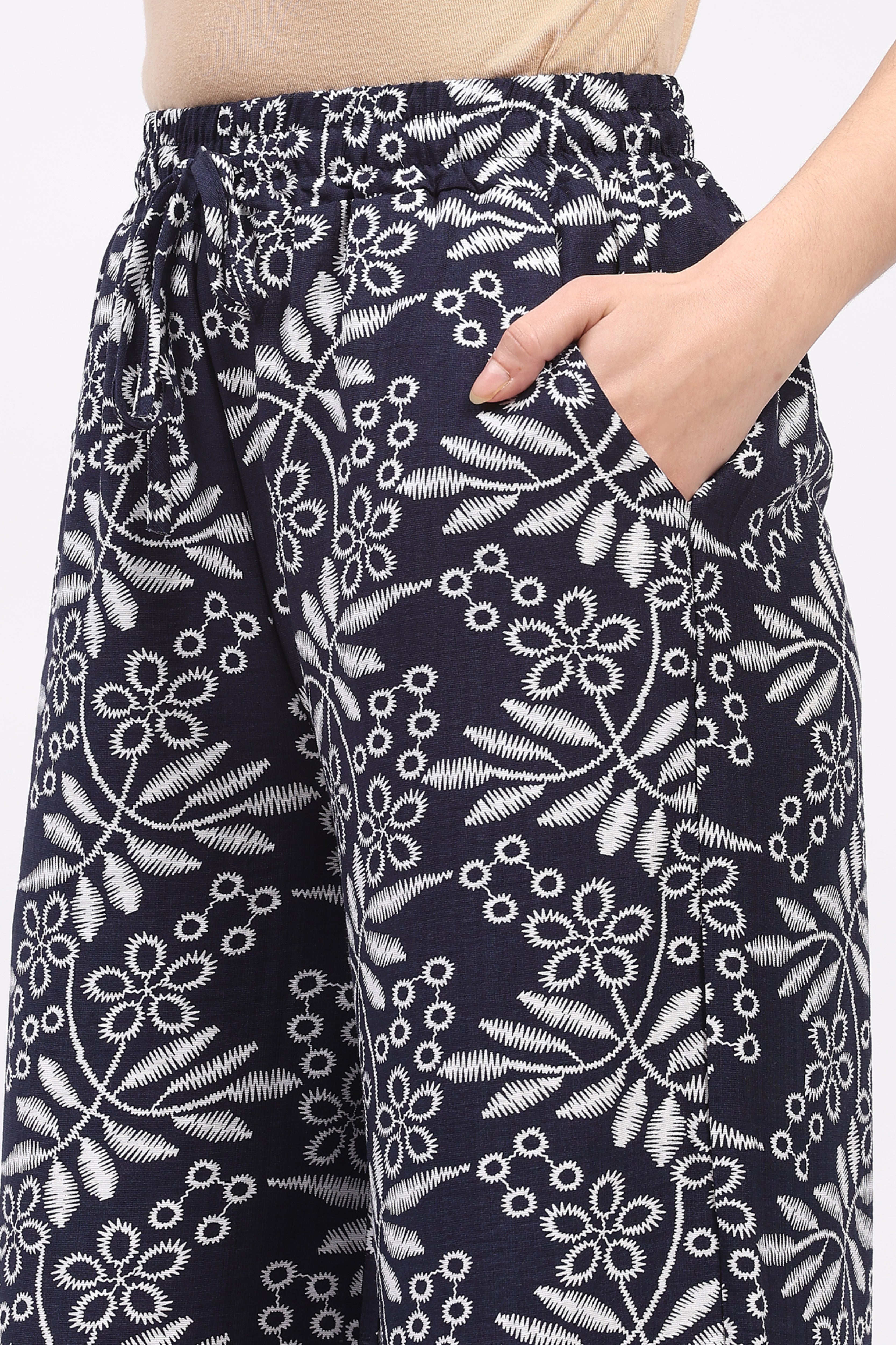 Navy Blue Printed Rayon Lower