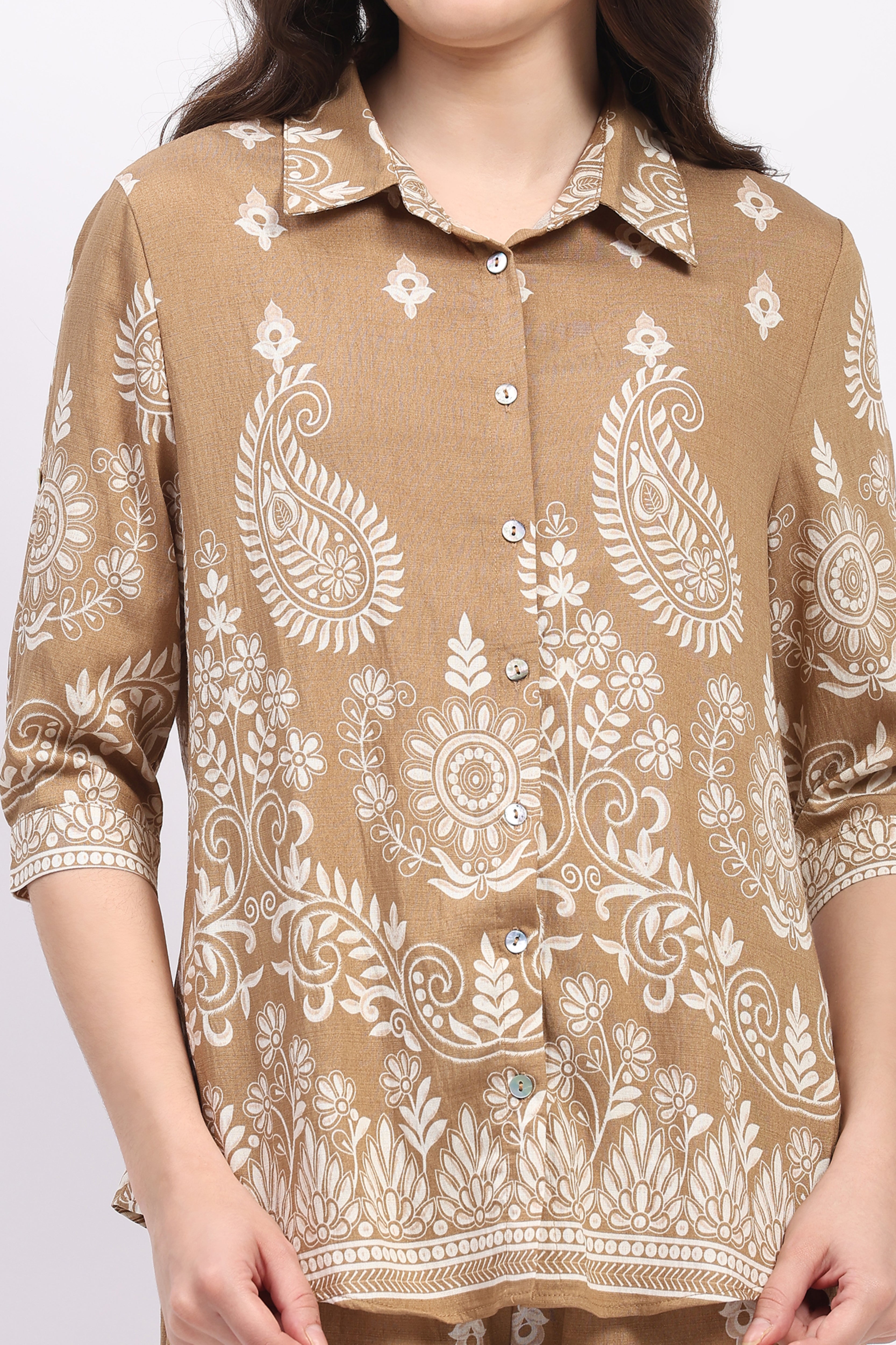 Beige Floral Paisley Print Rayon Co-ord Set