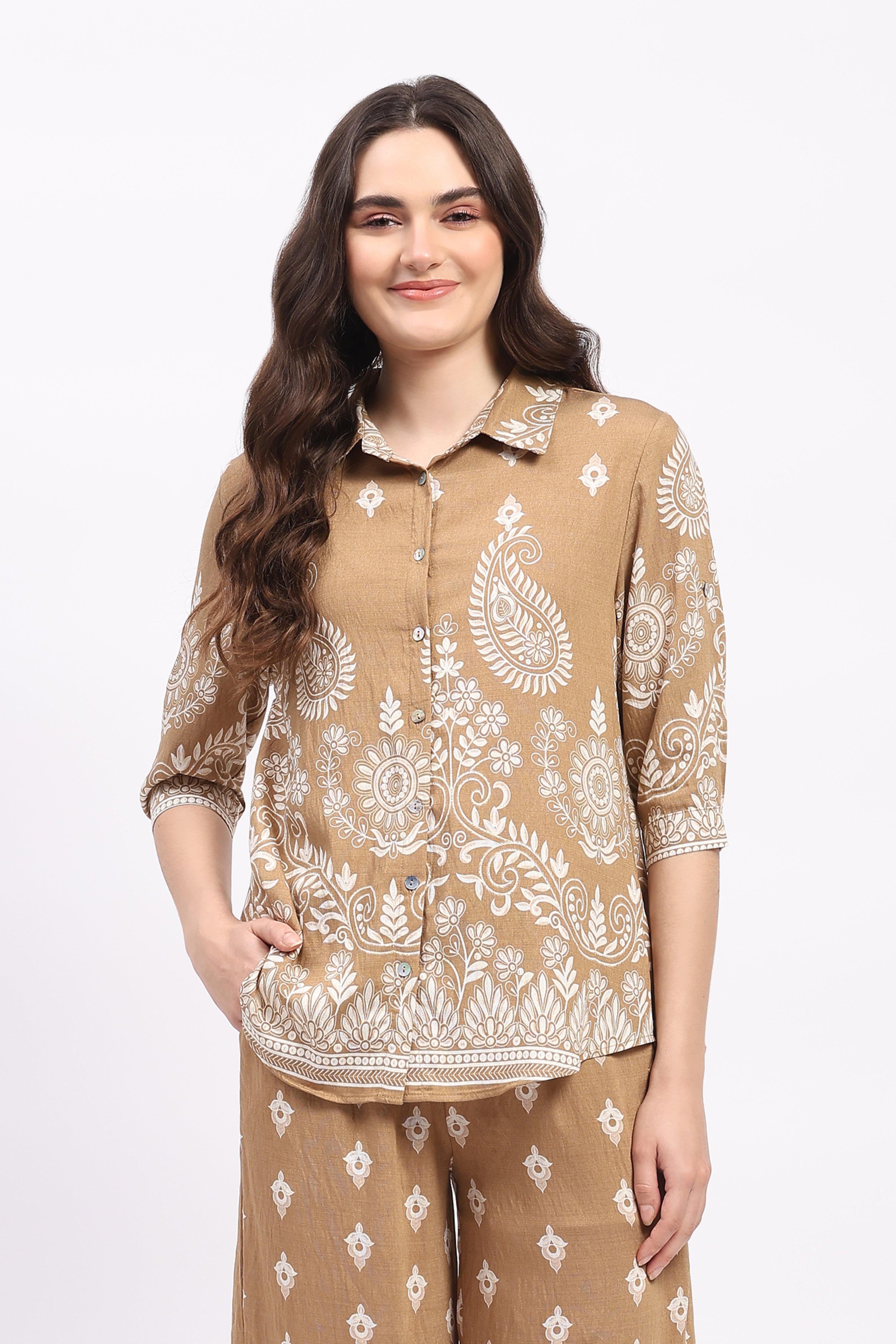 Beige Floral Paisley Print Rayon Shirt