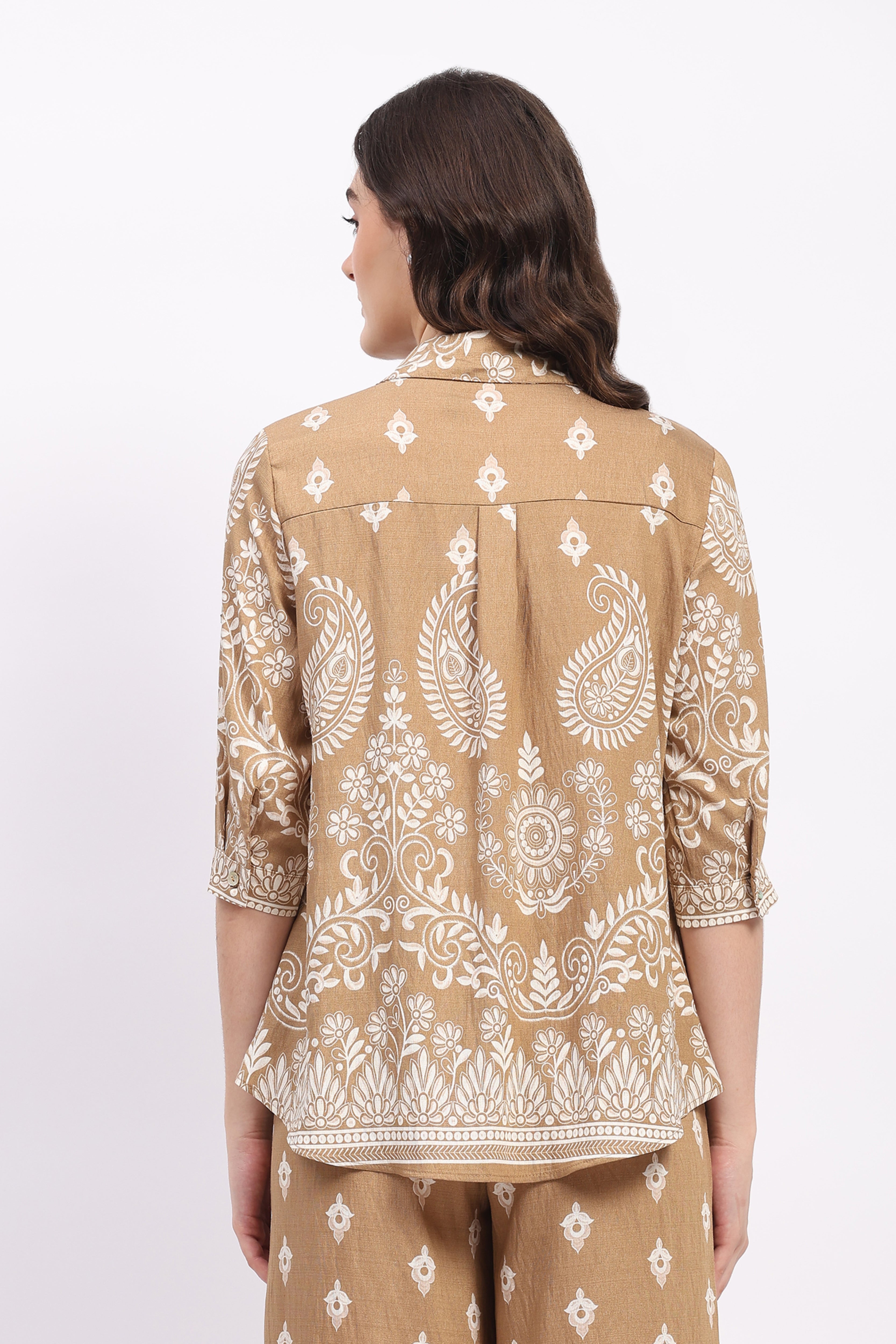 Beige Floral Paisley Print Rayon Shirt