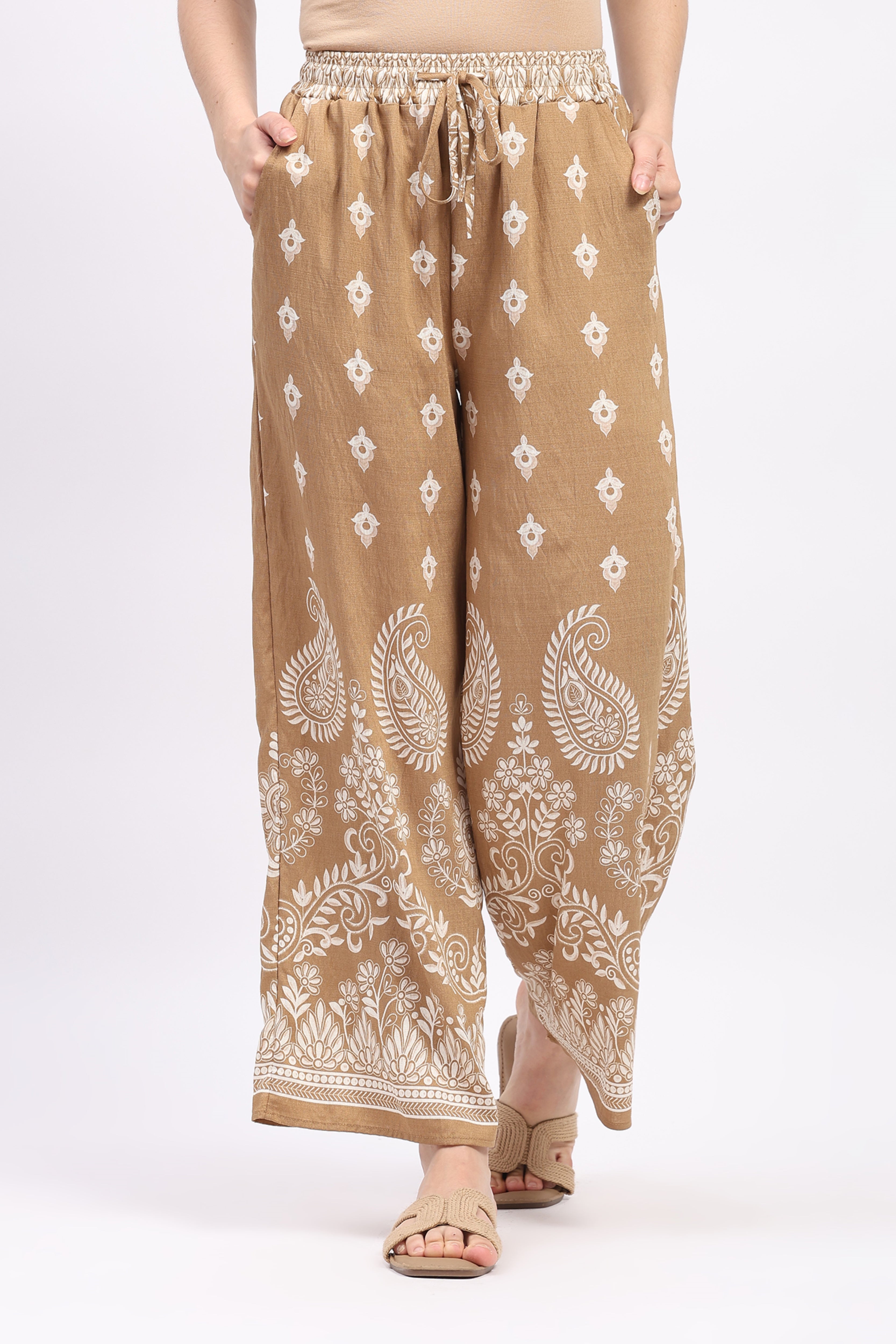 Beige Floral Paisley Print Rayon Co-ord Set
