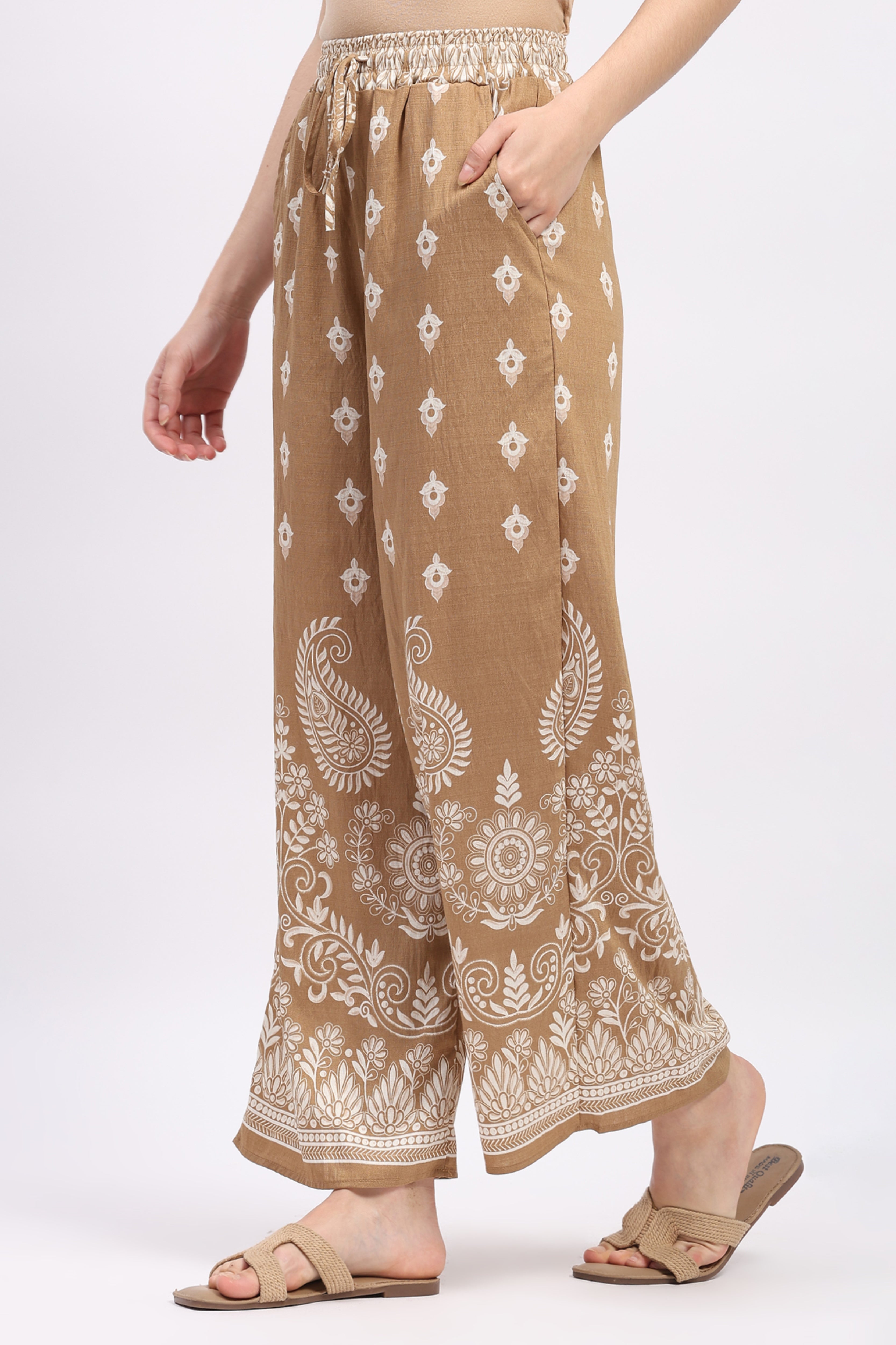 Beige Floral Paisley Print Rayon Co-ord Set