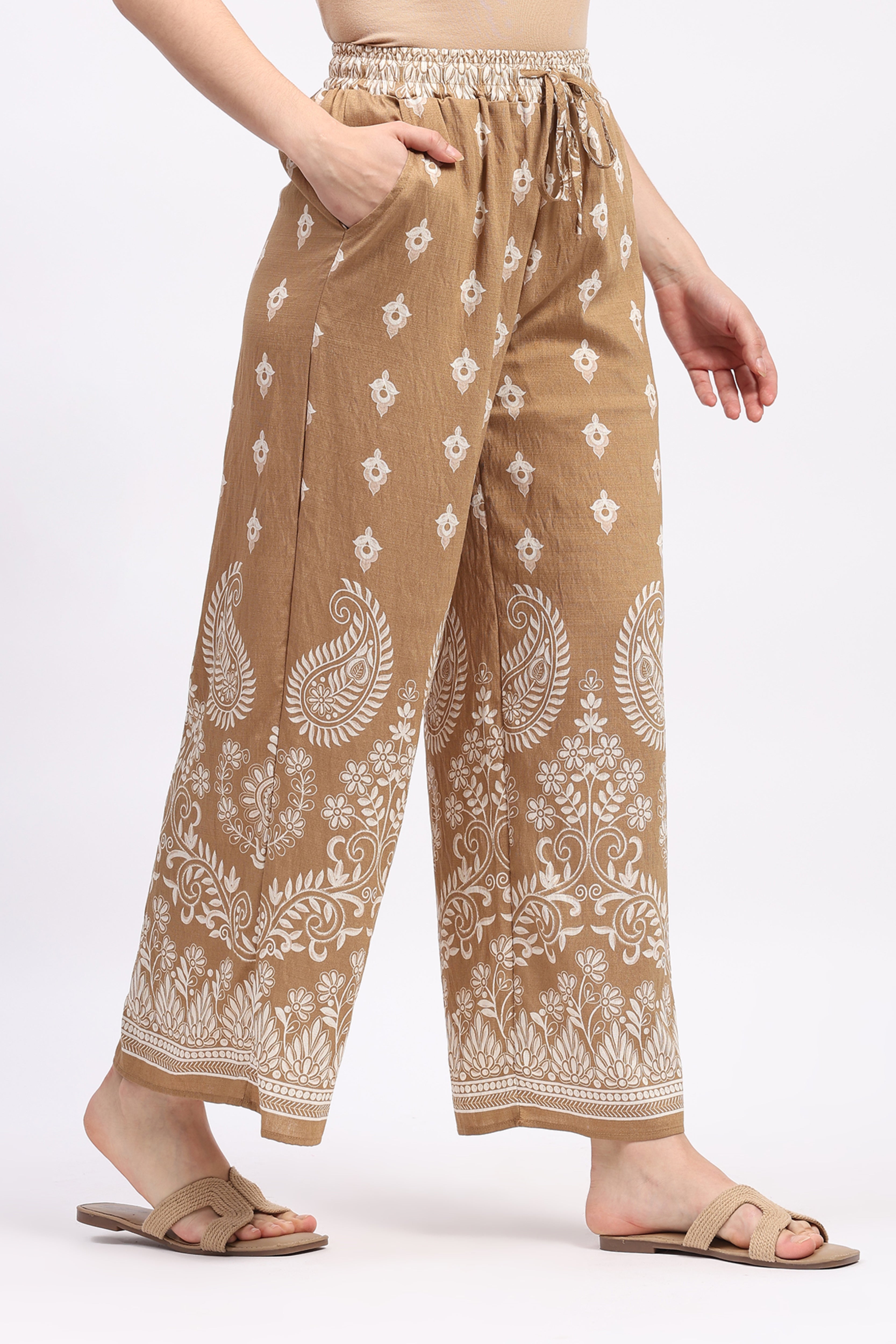 Beige Floral Paisley Print Rayon Co-ord Set