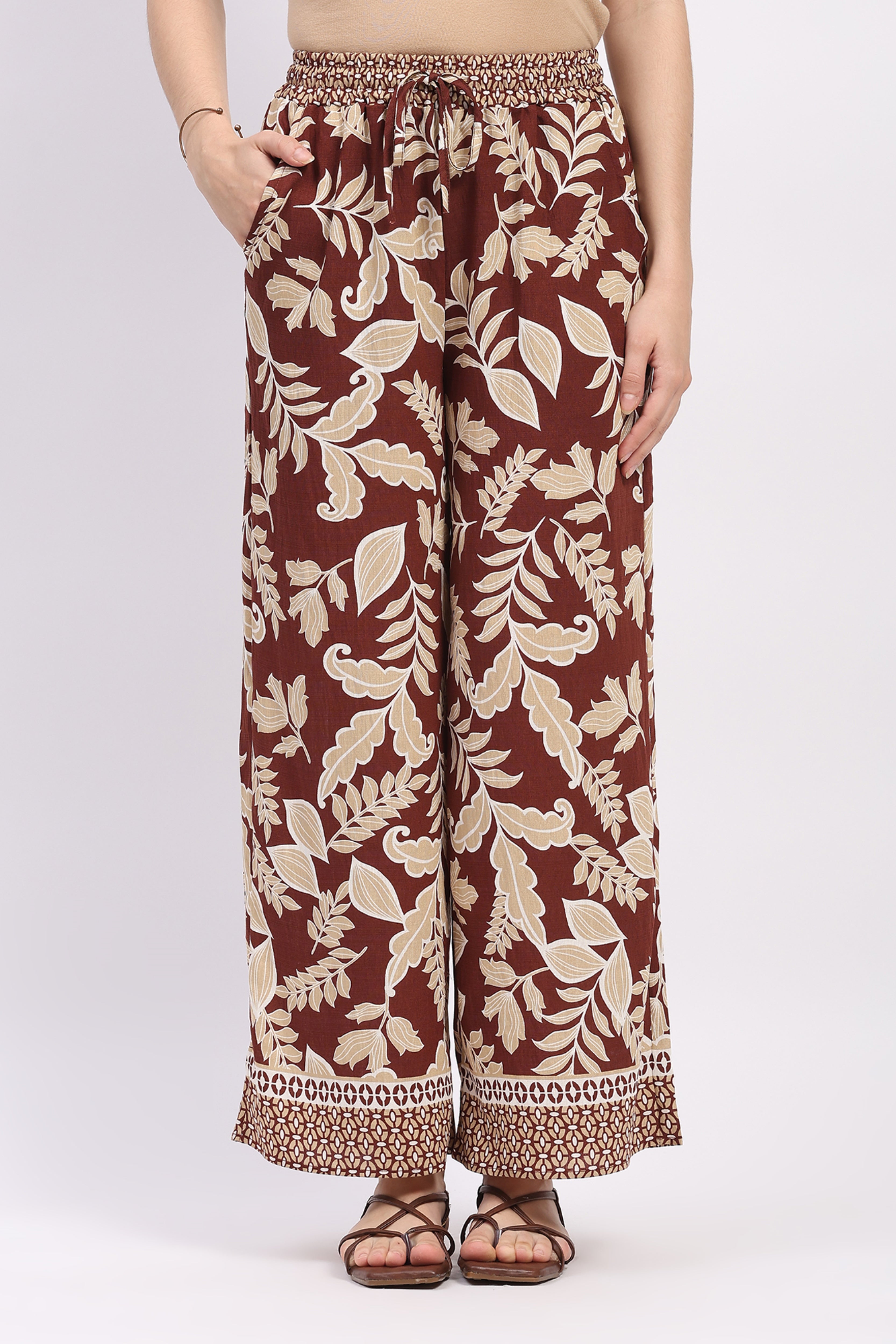 Mocha Leaf & Floral Print Rayon Co-ord Set