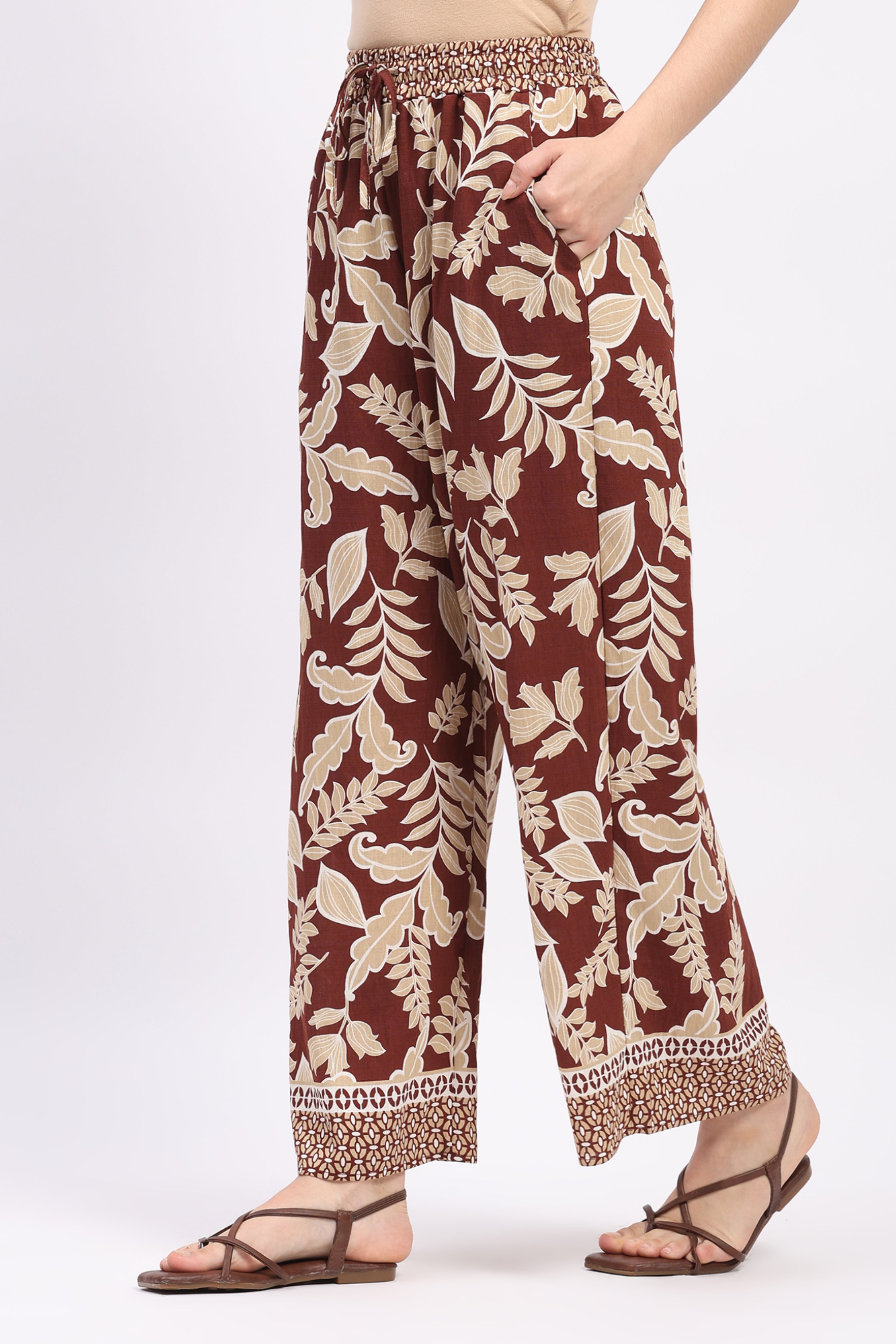 Mocha Leaf & Floral Print Rayon Co-ord Set