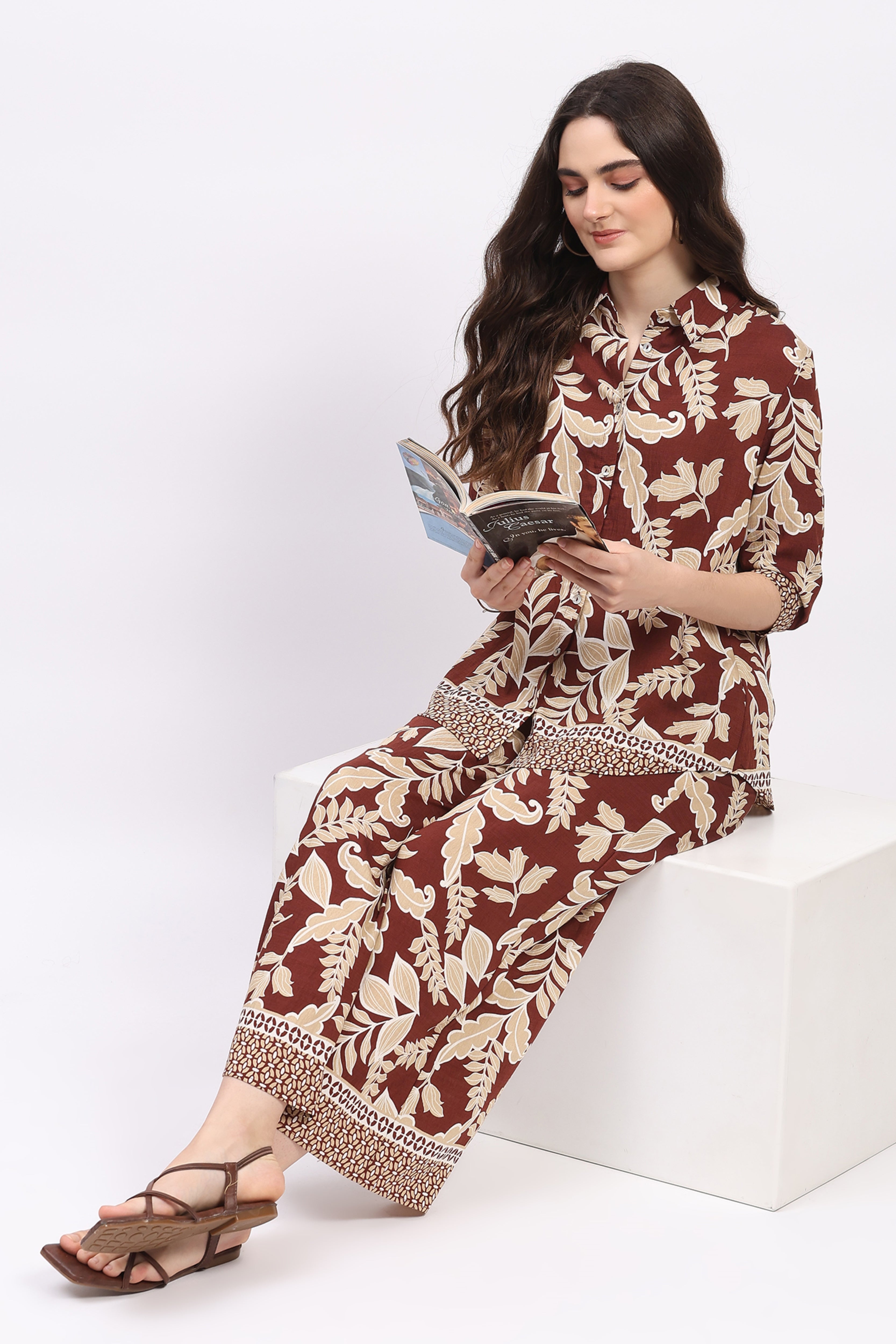 Mocha Leaf & Floral Print Rayon Co-ord Set